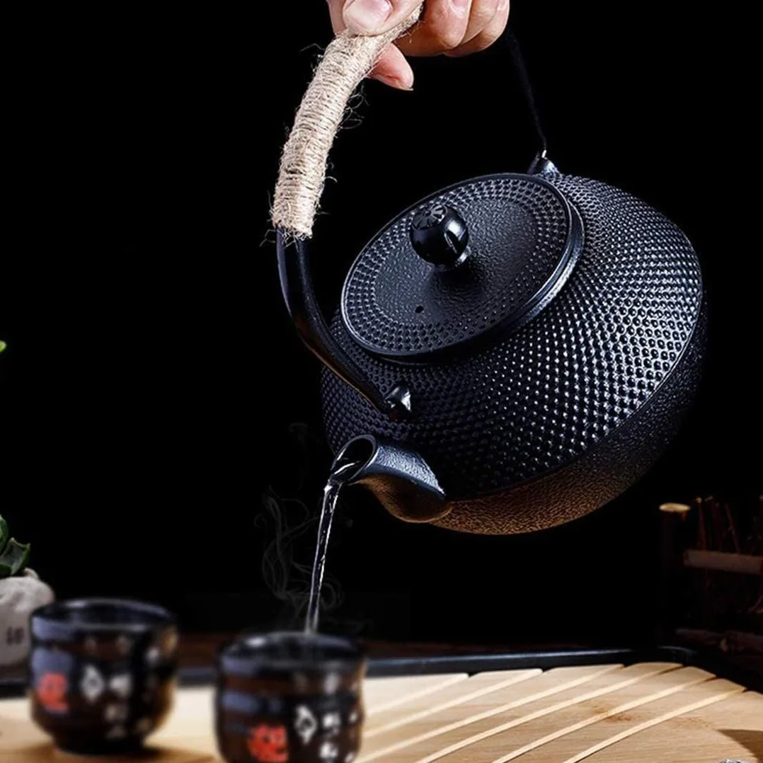 Tetera Juego de colador de infusor de Tetera de Hierro Fundido para Tetera, Color Negro con Filtro de Acero Inoxidable, 1,2 l Tetera Hierro Fundido