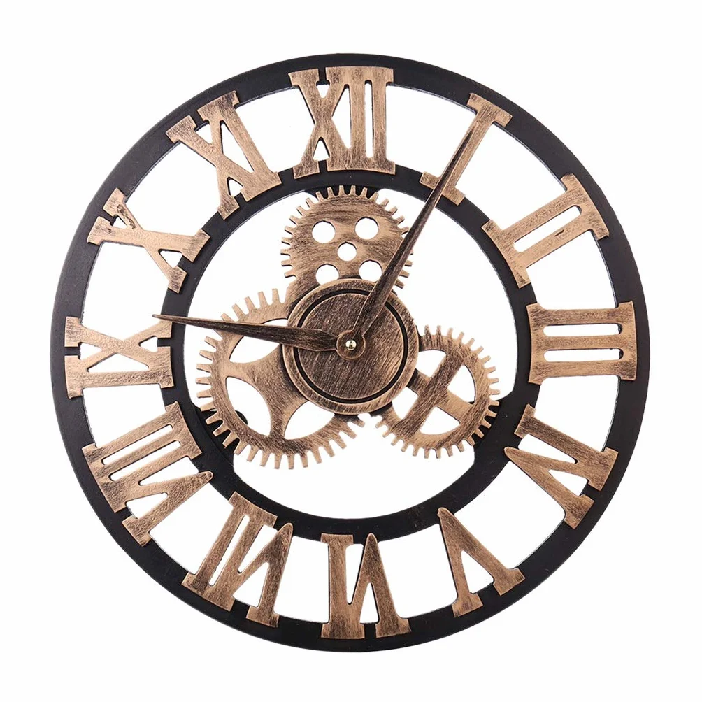 Reloj de pared grande de metal Números romanos Engranaje Reloj de pared Estilo americano Viento industrial Movimiento silencioso de madera Relojes de pared para cafetería Loft Bar del hotel Oficina Sa