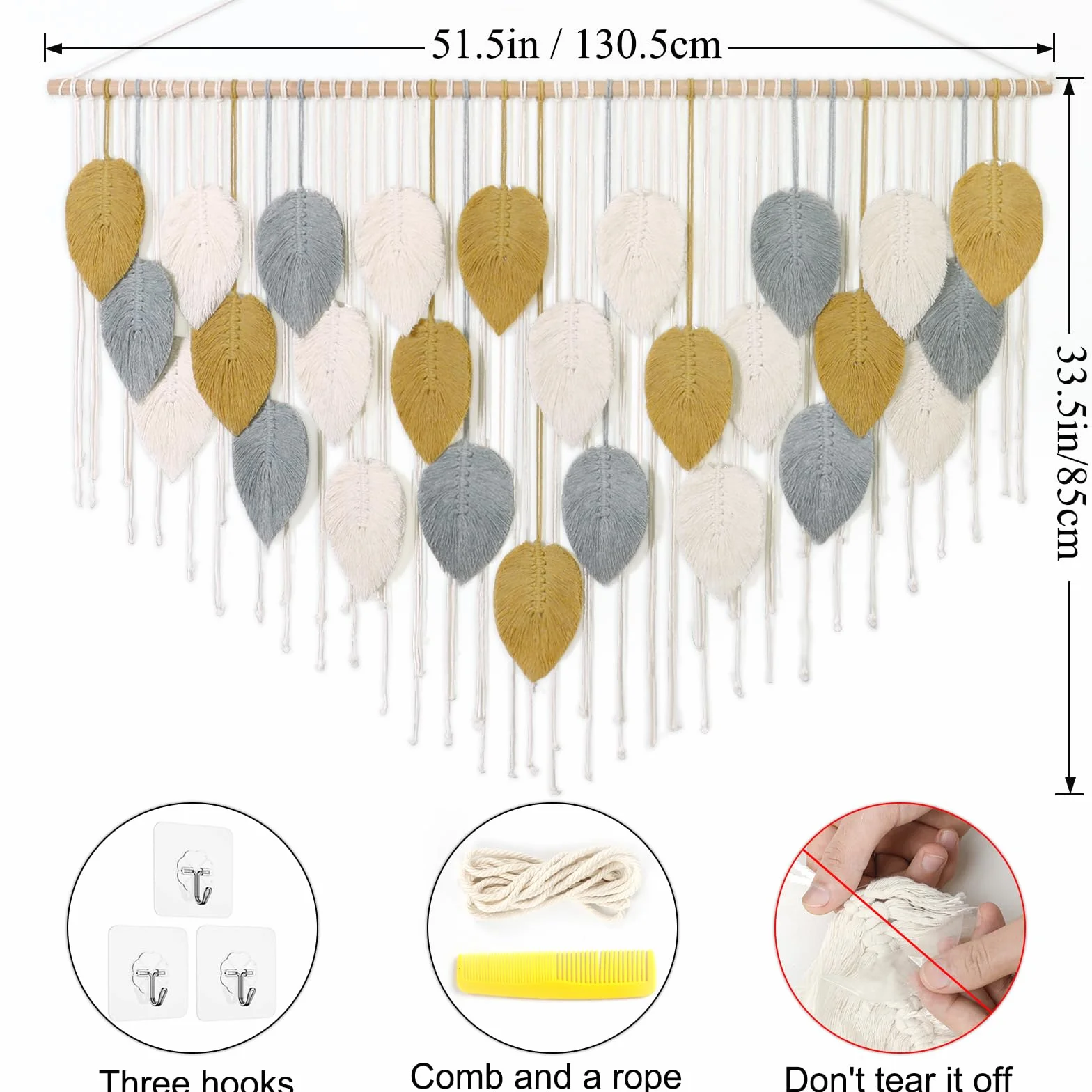 Weldomcor Macramé Tapiz Grande Tejido Tapiz Boho Macramé Hoja Decoración de Pared Pluma Chic Arte Tejido Para Dormitorio, Decoración de Salón, 130 cm Amarillo