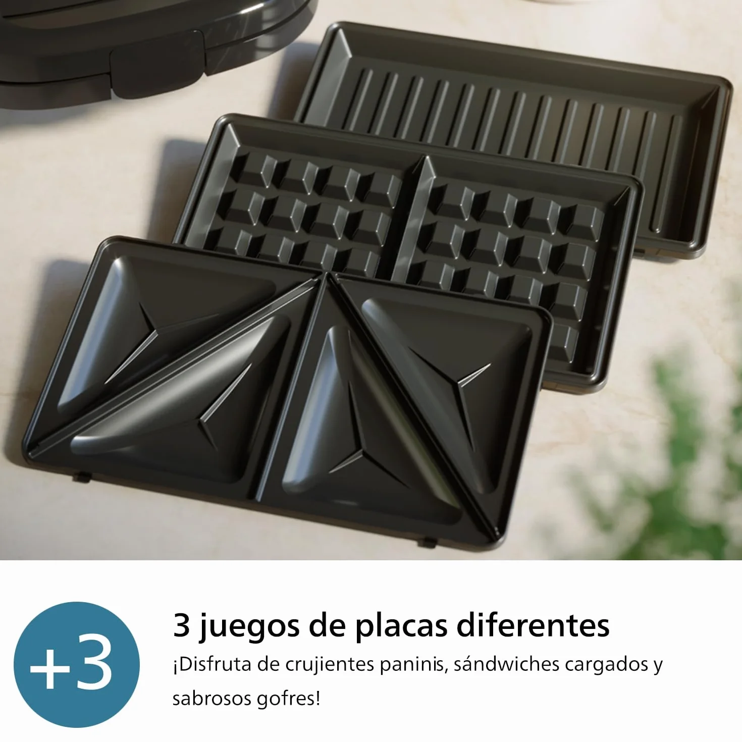 Philips Sandwichera Serie 5000-3 juegos de platos para paninis, sándwiches y gofres, placas antiadherentes para parrilla, cortar y sellar, 750 W de potencia, negro (HD2350/80)