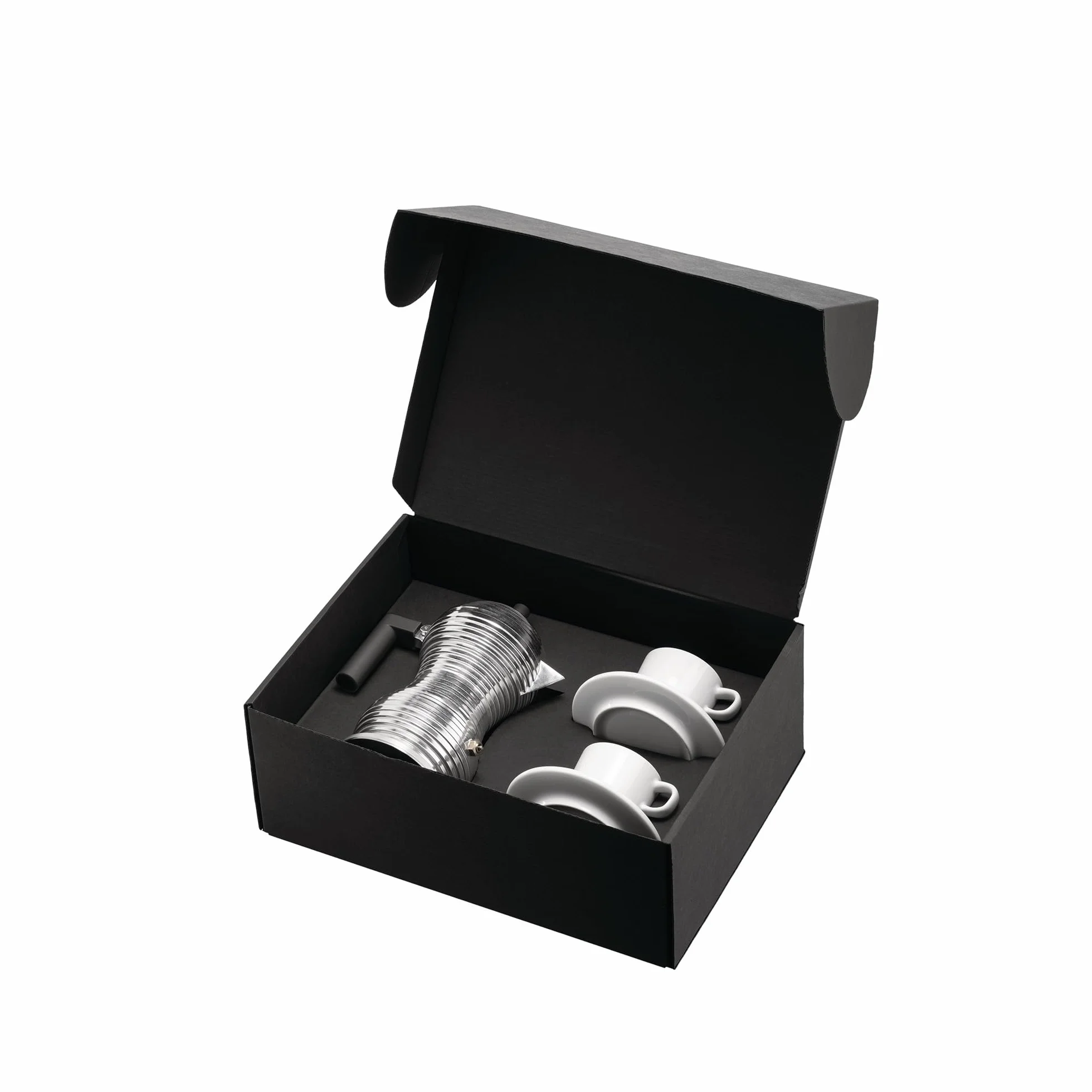 Alessi, Coffee MDL02BSET - Conjunto compuesto por cafetera Pulcina, 2 tazas con platillo, en fundición de aluminio, PA y porcelana, multicolor