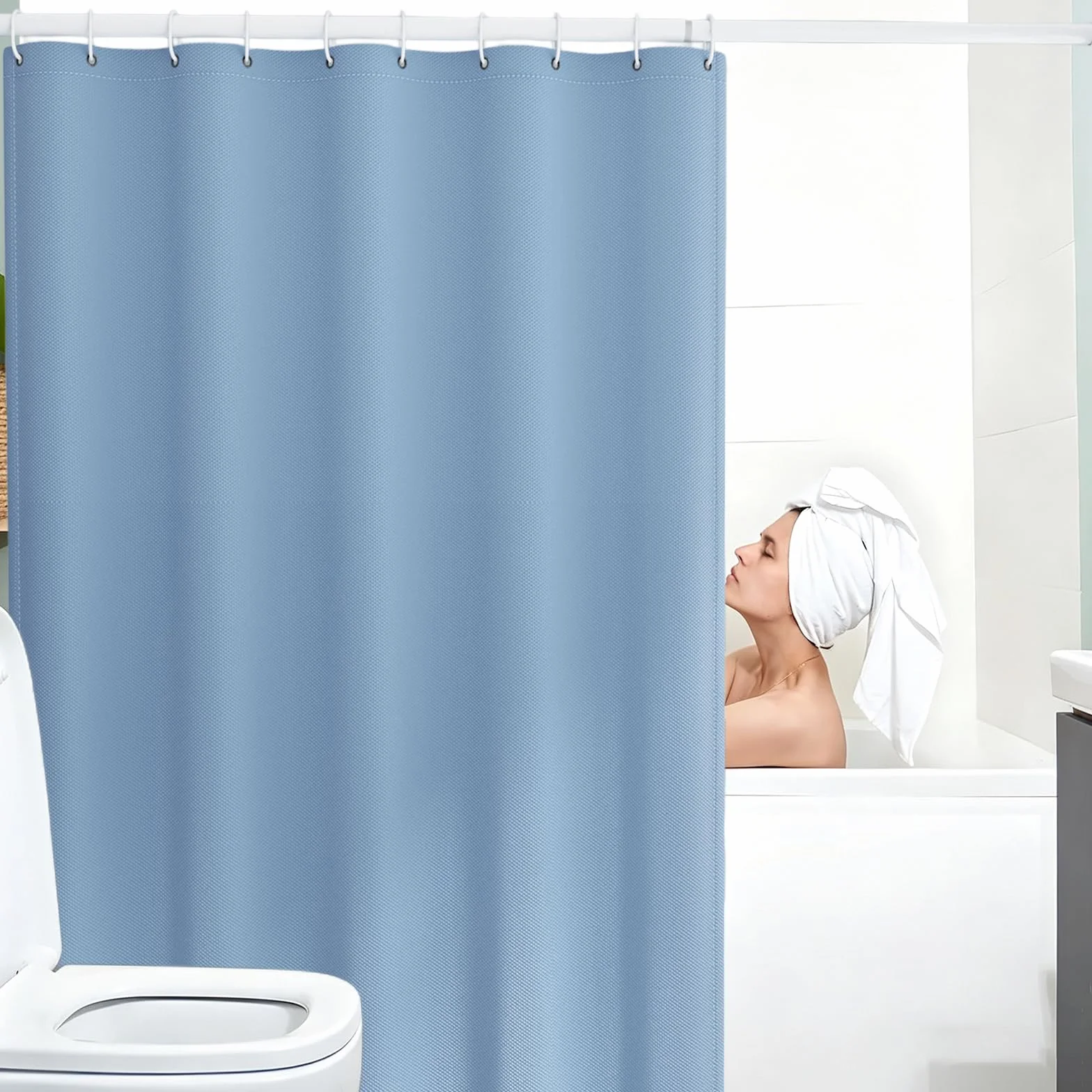 Cortina de Ducha de Tela 260 x 190 cm Cortina de Ducha Resistente Al Moho - Antimoho, Impermeable, Lavable, de Poliéster con Ojales y Anillos, para Baño, Bañera, Azul Claro