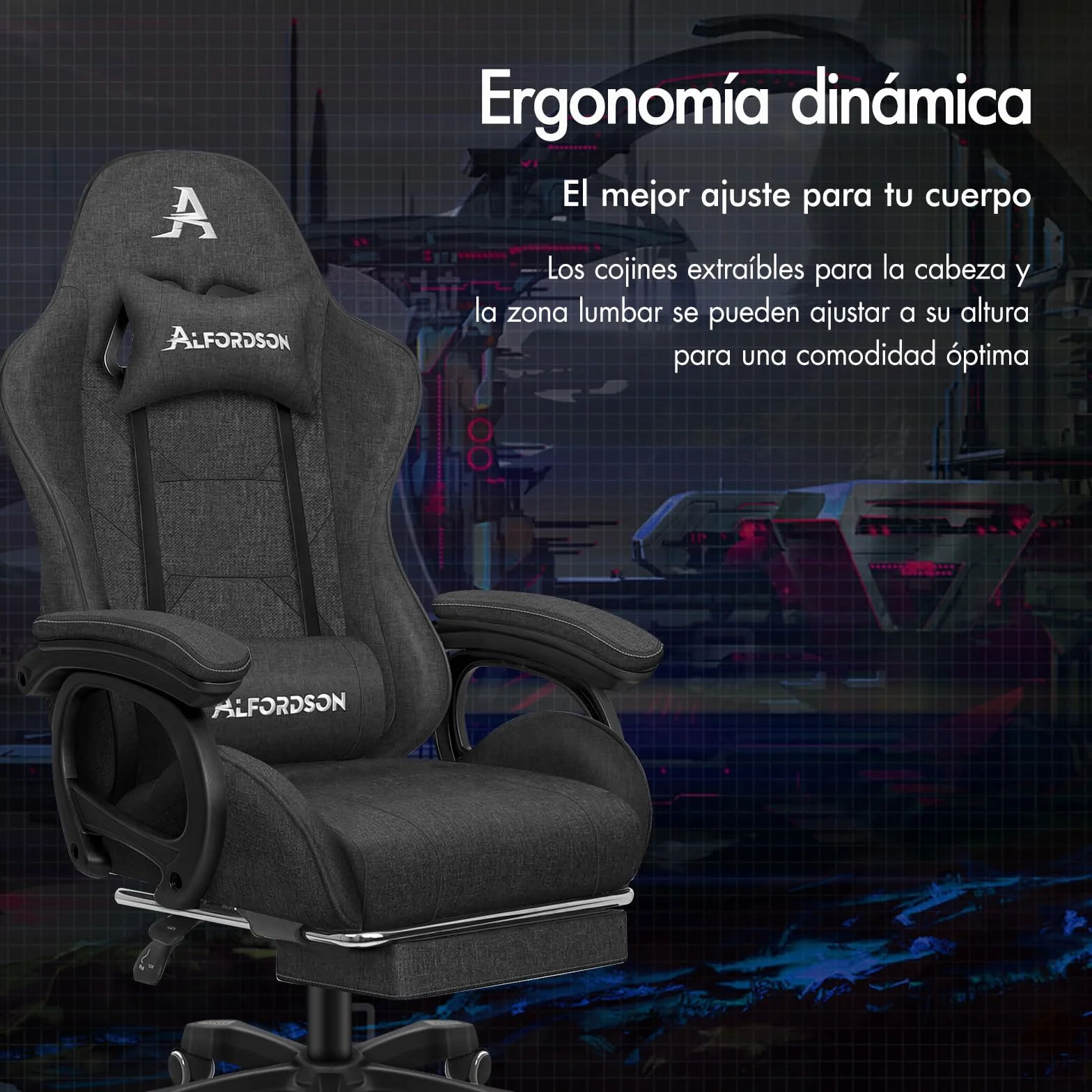 ALFORDSON Silla Gaming con Cojín Lumbar y Cervical, Silla Oficina Gamer Ergonómica Reclinable con Masajeador, Respaldo Alto Acolchado, Ideal Ordenador,Oficina,Videojuego,Escritorio, Lino(Gris Oscura)