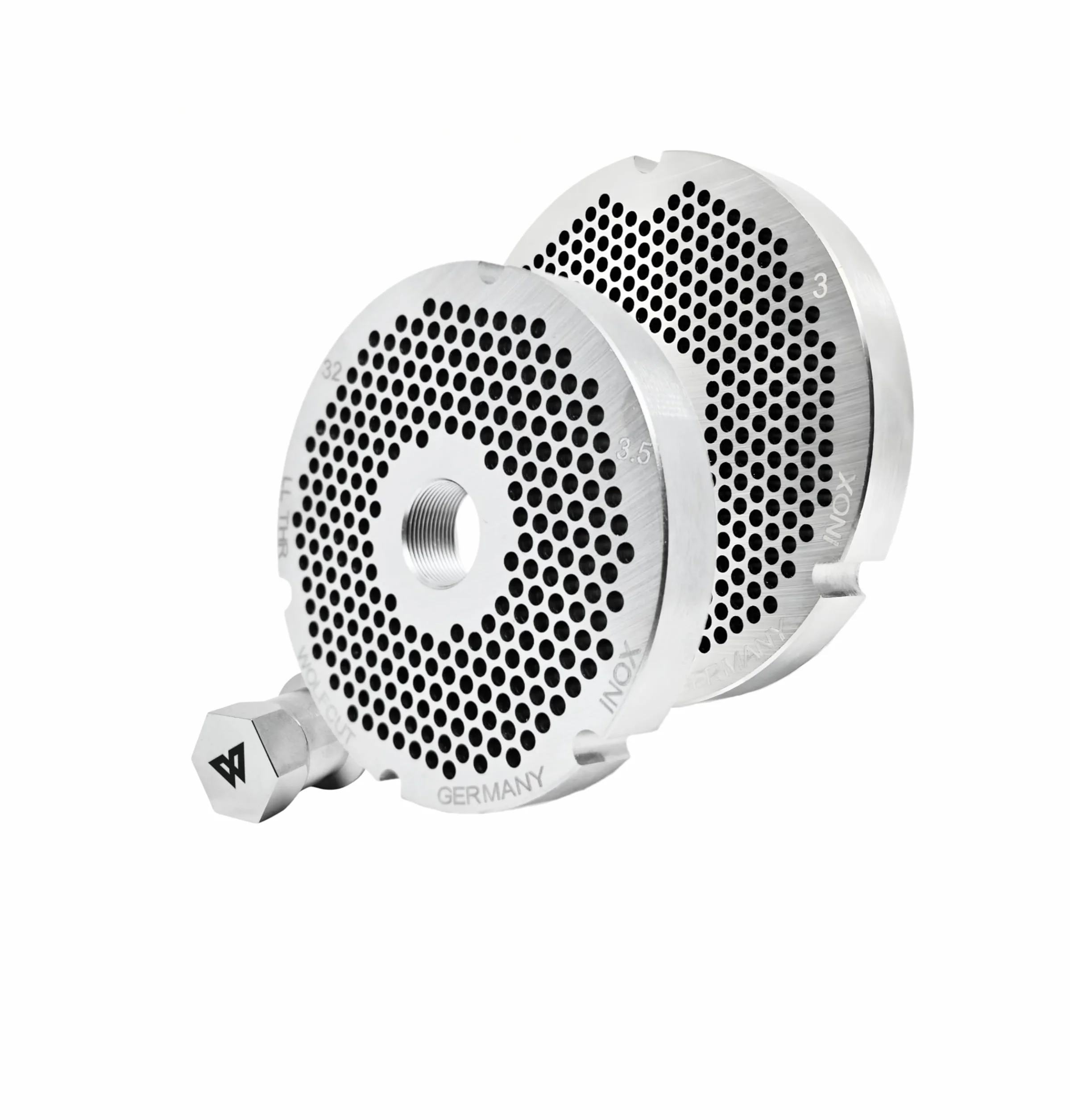 Wolfcut Inox Longlife - Juego de cuchillas para picadora de carne (4 ranuras y rosca de 3,0 mm + orificio de 3,5 mm y tapa de rosca, repuesto para/compatible con picadora Bizerba FW-N32, tamaños 32)