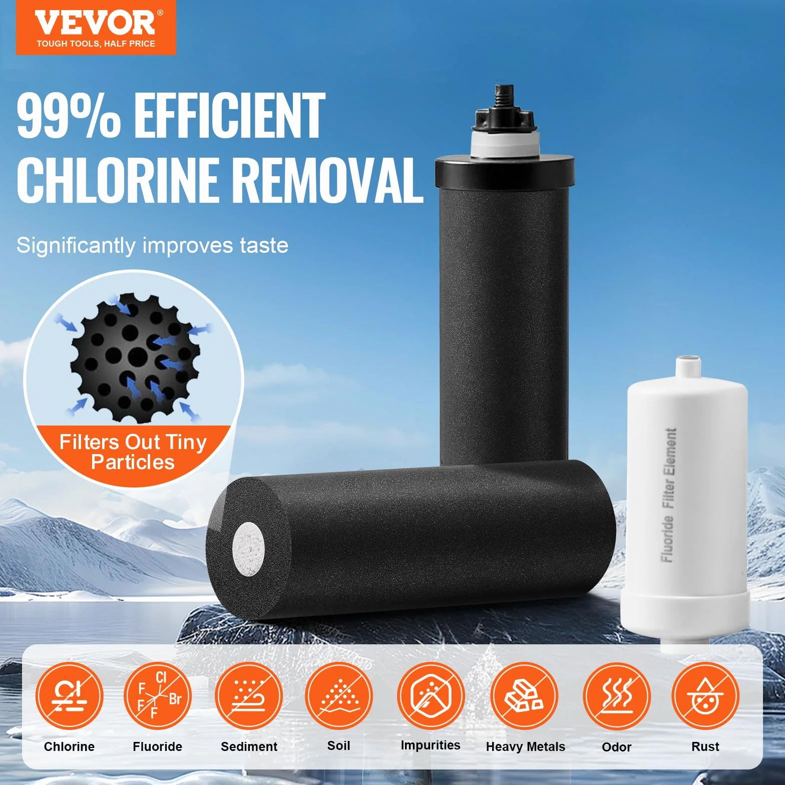 VEVOR Sistema de Filtración de Agua por Gravedad 7,5 L Sistema de Encimera Acero Inoxidable Reduce Plomo y hasta 99% de Cloro con 2 Filtros de Carbón Activado, 2 Filtros de Desfluoración, Grifo