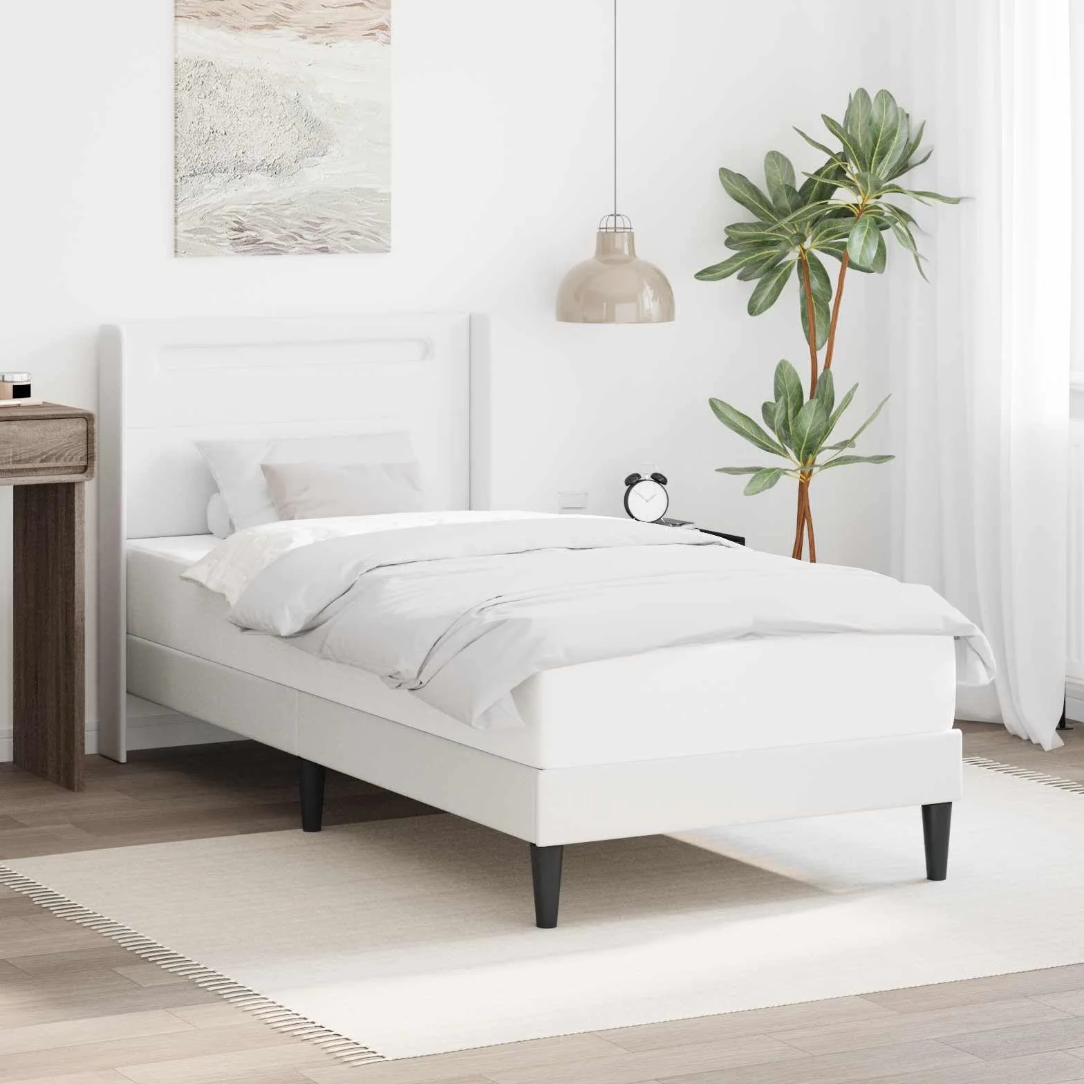 Marco de cama blanco con tiras de luz LED de 90 x 190 cm, piel sintética, marco de madera moderna con tiras LED ajustables Fuente de alimentación USB, diseño estable, para cama individual