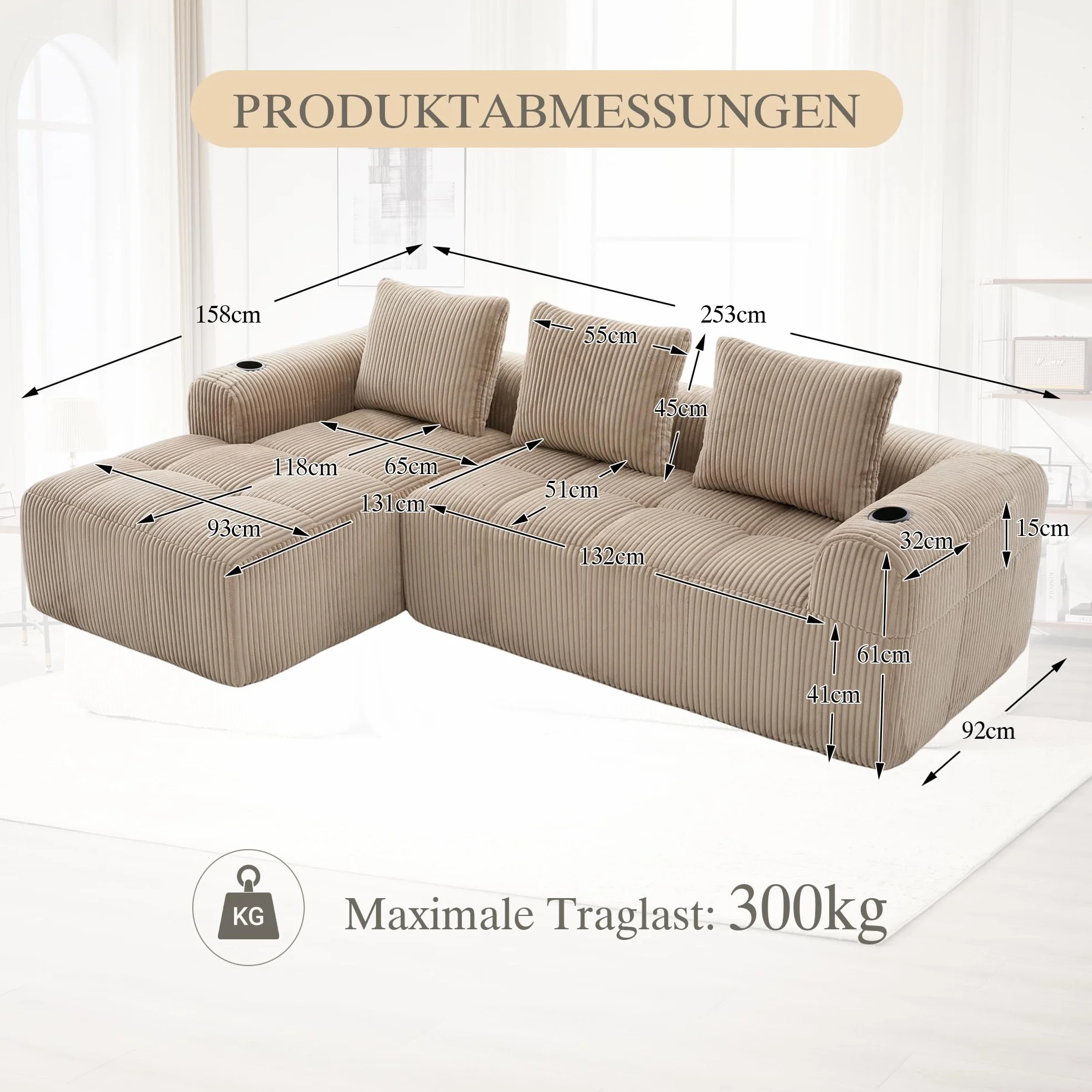 Soweiz Sofá compacto de pana – Sofá modular suave con bolsillo lateral y soporte para bebidas, comodidad para sentarse durante mucho tiempo, incluye 3 almohadas. Para salón, estudio y más (caqui)