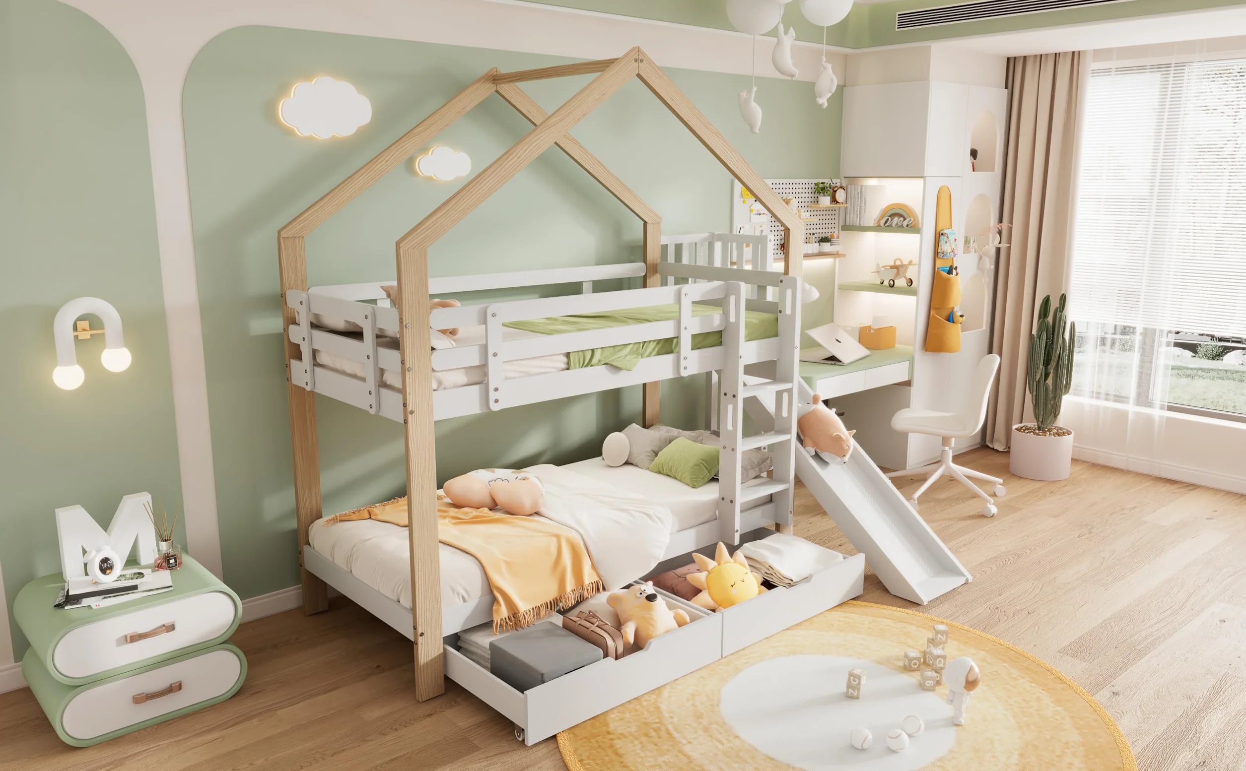 Litera con tobogán y escalera angular de tres niveles, cama con protección contra caídas, cuna, marco de cama de madera maciza, color blanco y natural, 90 x 200 cm (con 2 cajones)