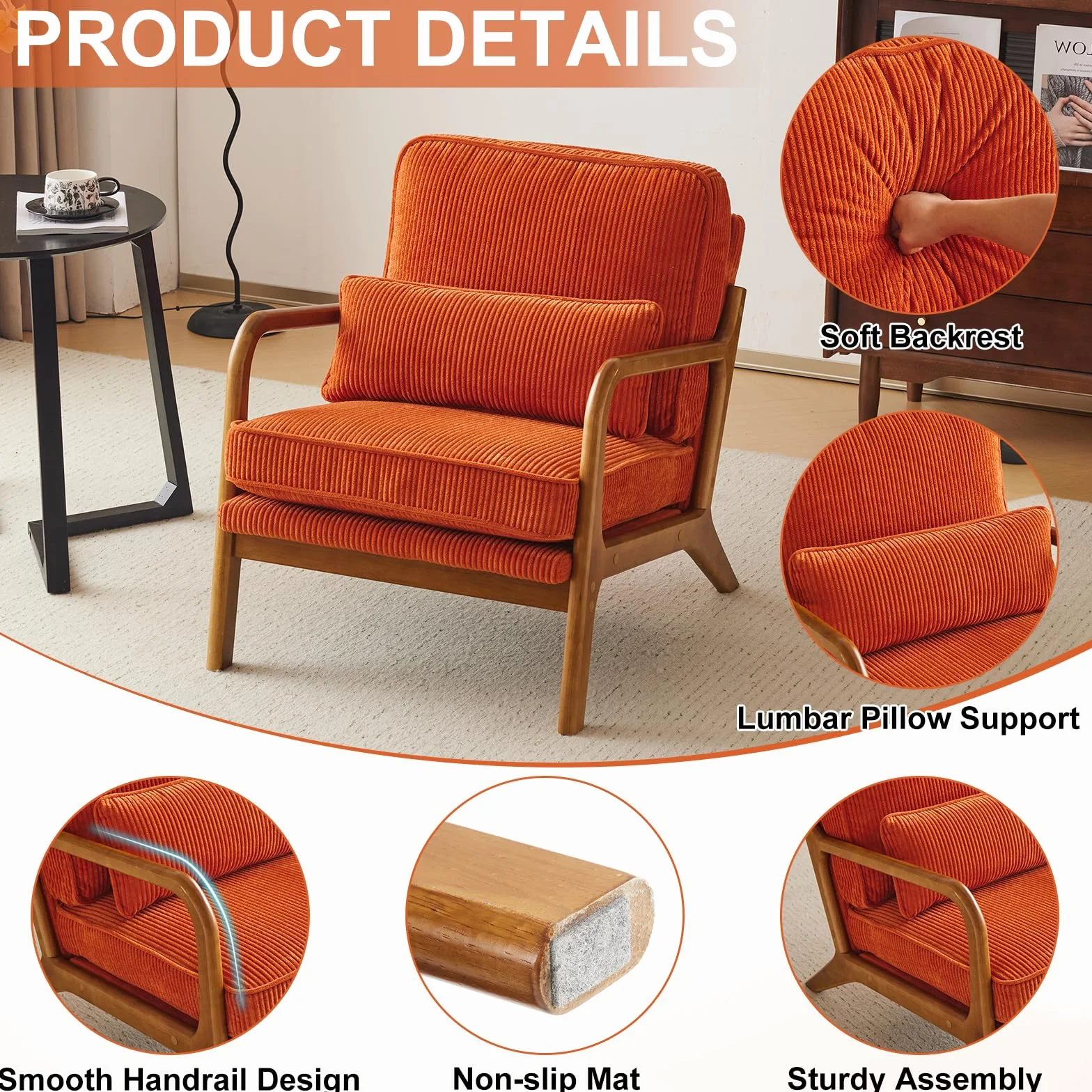 Bonnlo Sillón Butaca Individual de Salón, Estilo Nórdico Retro, Tapizado de Pana Acanalada Suave, Estructura de Madera Maciza, Cojín Incluido, 65×80×78 cm, Carga Máxima 150 kg (Naranja)