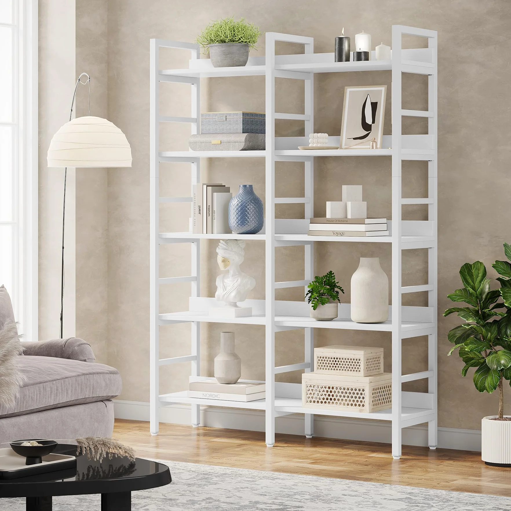Tribesigns Estantería Industrial de 5 Niveles, 71"H x 47"W Estantería Étagère, Estantería de Libros Independiente Doble Ancha para Almacenamiento y Exhibición, Estanterías de Madera y Metal para Sala
