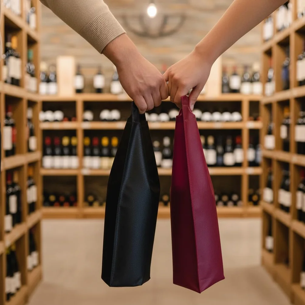 Bolsa para Botella, Non-Woven Negra, asa troquelada | 17 x 40 x 10 cm, fuelle en la base, 100% reciclable, reutilizable, 200 unidades