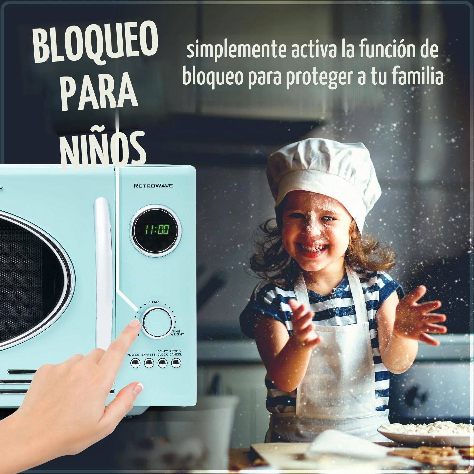 Nostalgia Microondas Retro de Encimera - Gran Potencia de 800 Vatios - 25 Litros - 12 Programas de Cocción Preestablecidos - Reloj Digital - Electrodomésticos de Cocina - Aguamarina