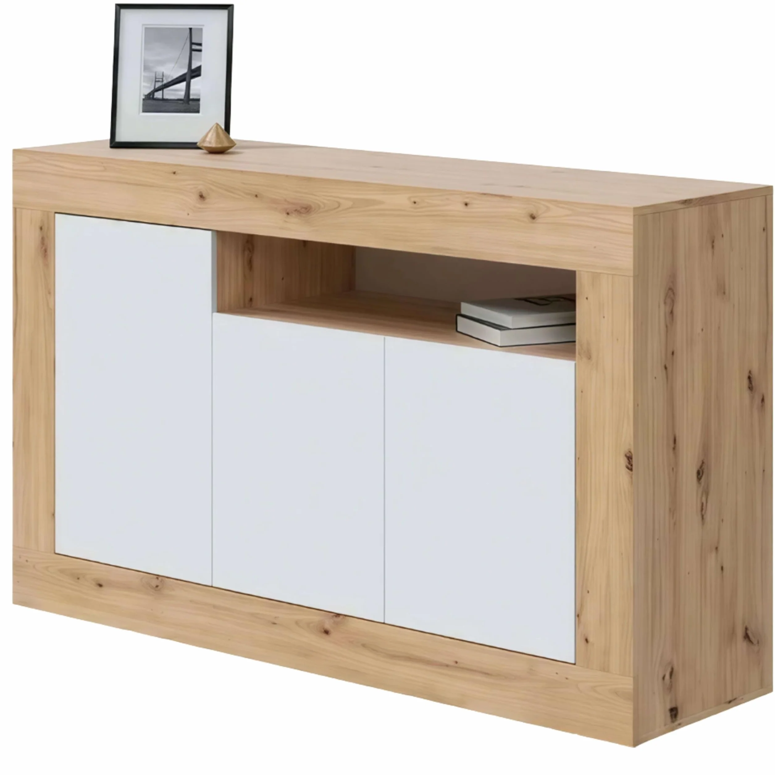 Habitdesign Aparador 3 Puertas, Buffet para Salon, Armario Auxiliar, Modelo Baltik, Acabado en Color Blanco Artik y Roble Nodi, Medidas: 144 cm (Ancho) x 87 cm (Alto) x 42 cm (Fondo)