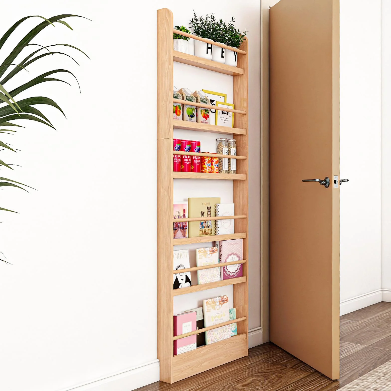 MYOYAY Estantería para niños detrás de la puerta, soporte de pared, organizador de 6 niveles para juguetes y libros, ahorra espacio, estantería estrecha de madera maciza