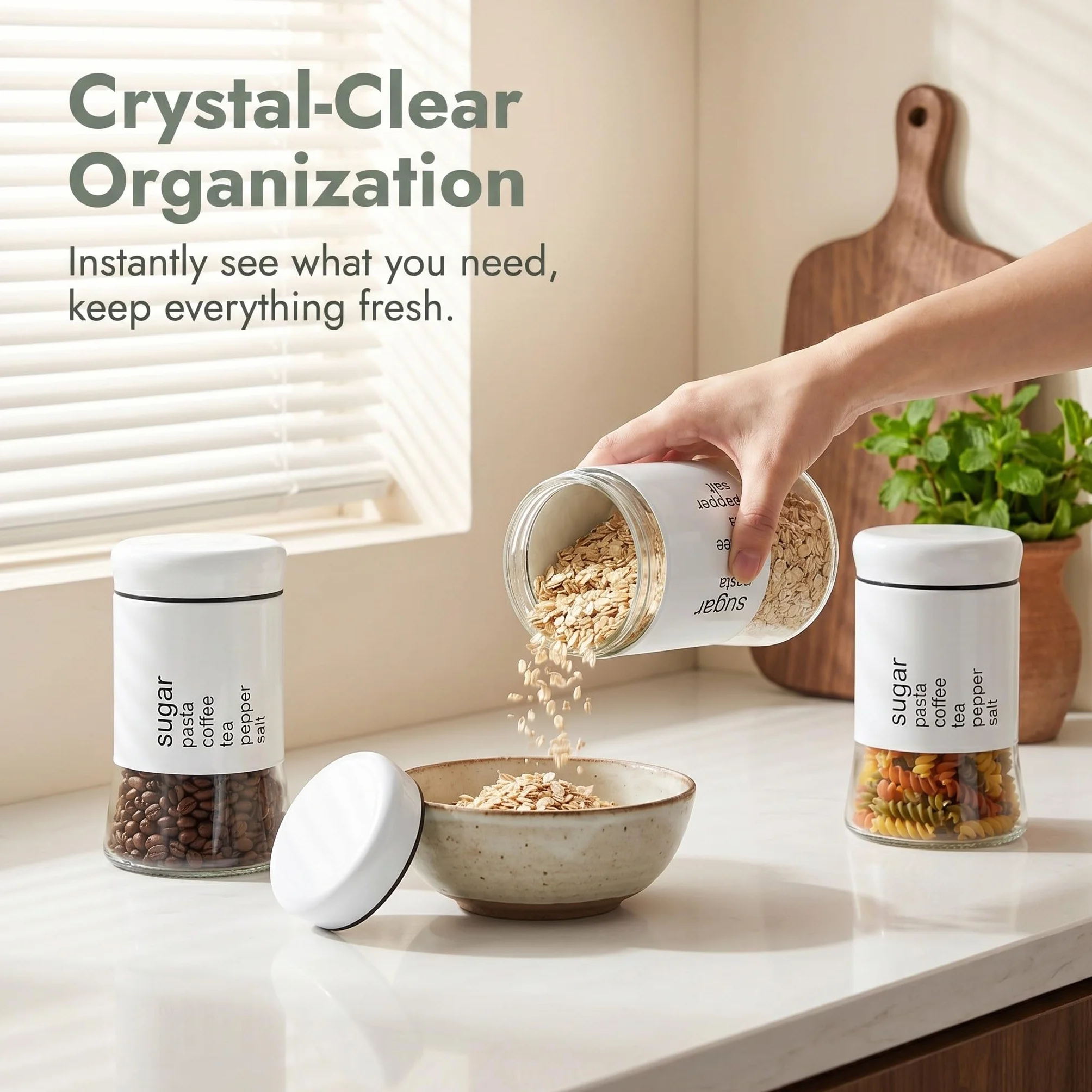 OUNONA 3 tarros de cristal de 600 ml con boca ancha, herméticos, con tapa, ideales para almacenar alimentos secos, té y café. Organizadores de despensa lavables y reutilizables, perfectos para