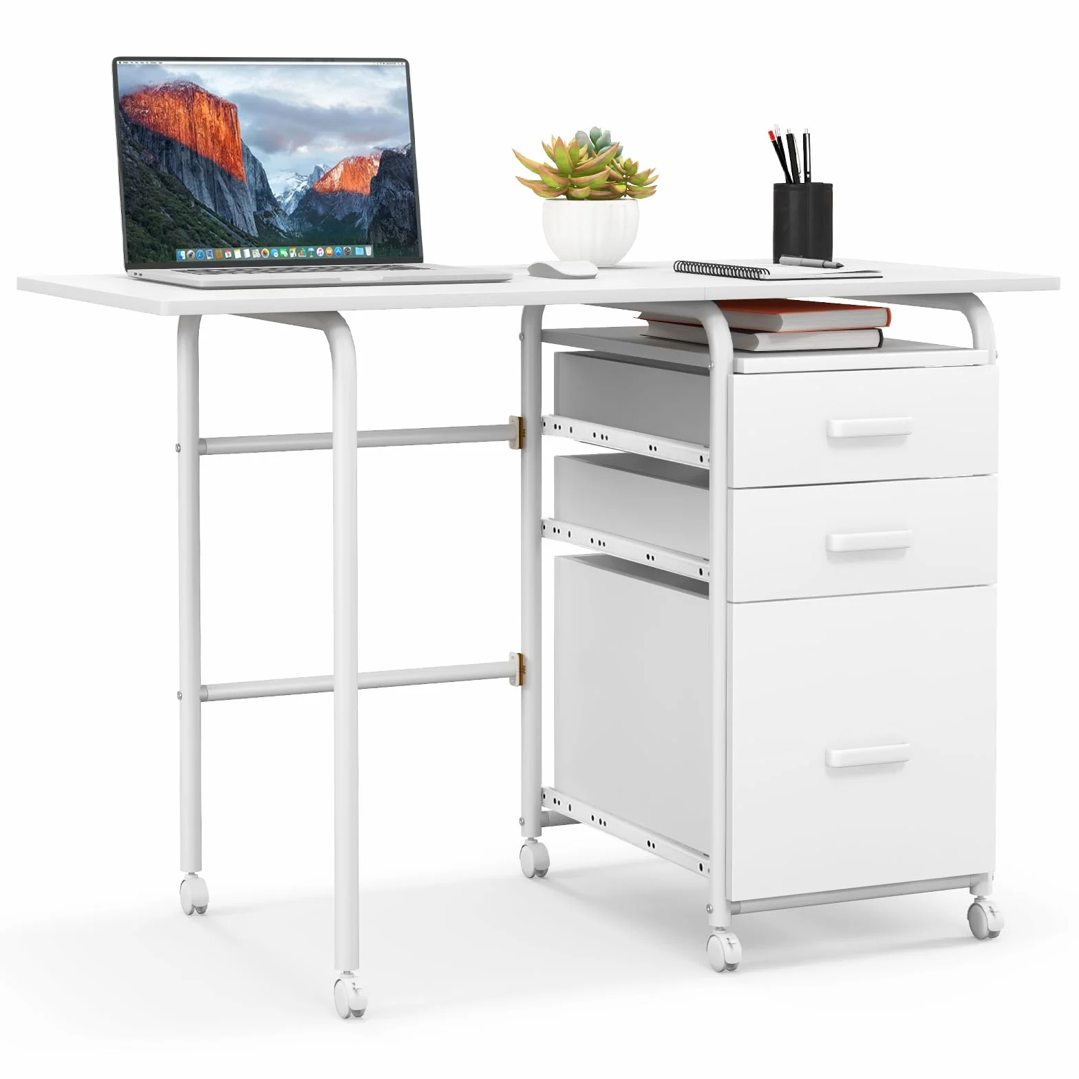 GIANTEX Escritorio de Ordenador Plegable con 3 Cajones de Almacenamiento, Mesa de Marco Metálico con Ruedas con Cerradura 360°, Mesa Auxiliar para Salón, Dormitorio (Blanco)
