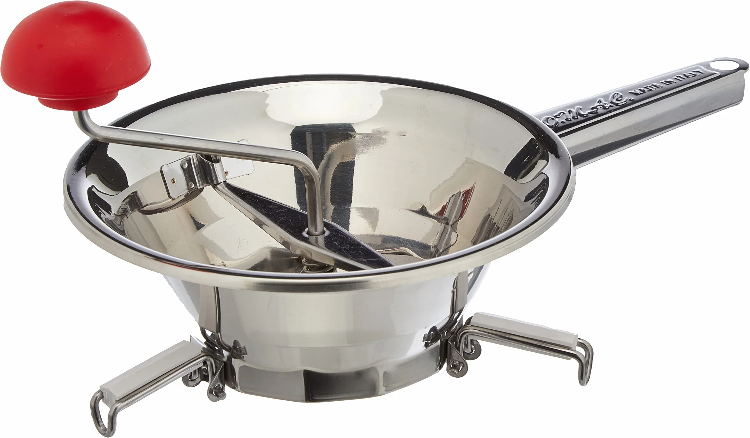 Omac Emanuel 2 Passatutto ø 20 cm in acciaio inox 18/10 con tre fltri intercambiabili e tre piedini pieghevoli