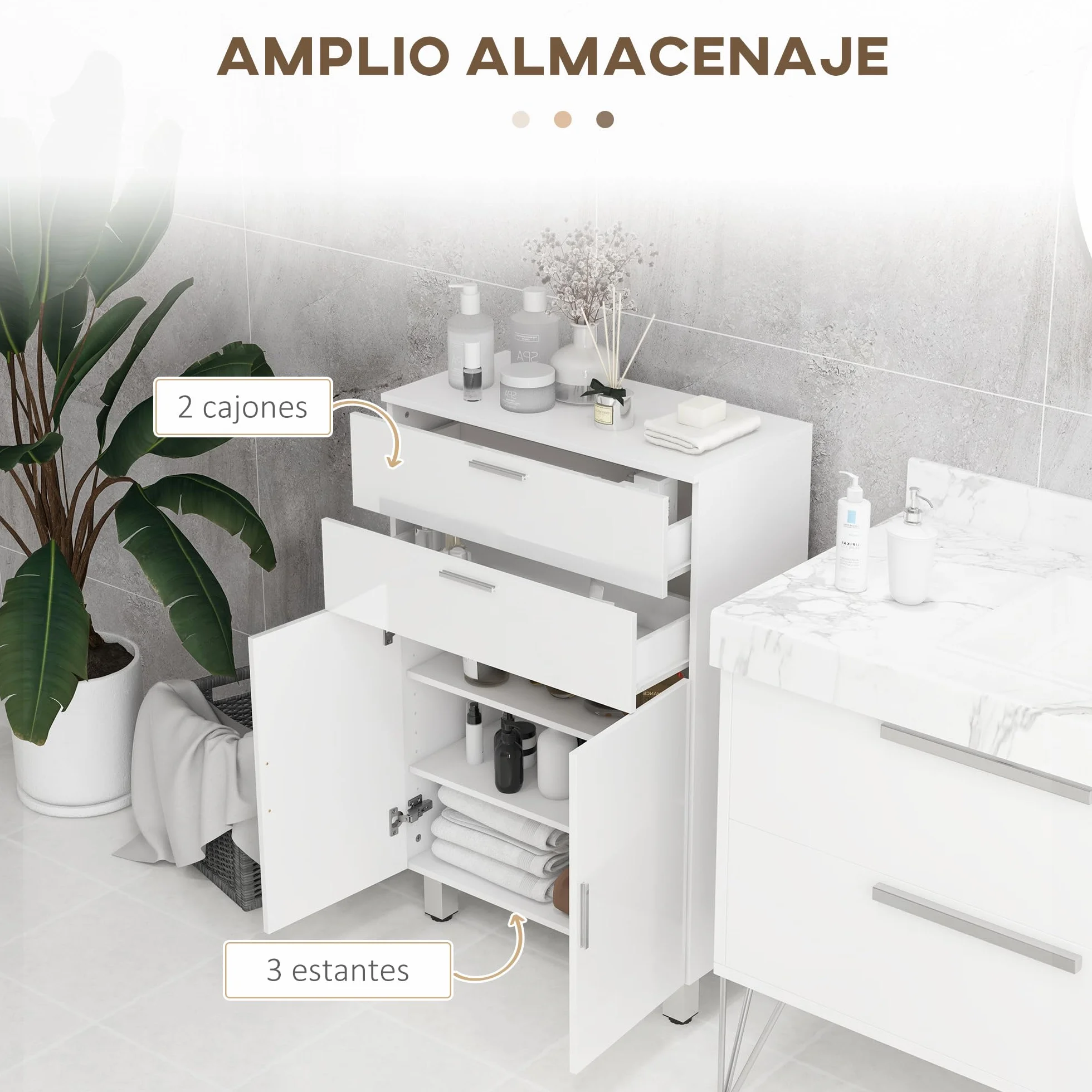 kleankin Mueble Auxiliar Baño Moderno Mueble de Baño con Estantes Ajustables y 2 Cajones Armario Mueble de Almacenaje para Dormitorio Salón Antivuelco Blanco Brillo Carga 35 kg 60x30x93 cm