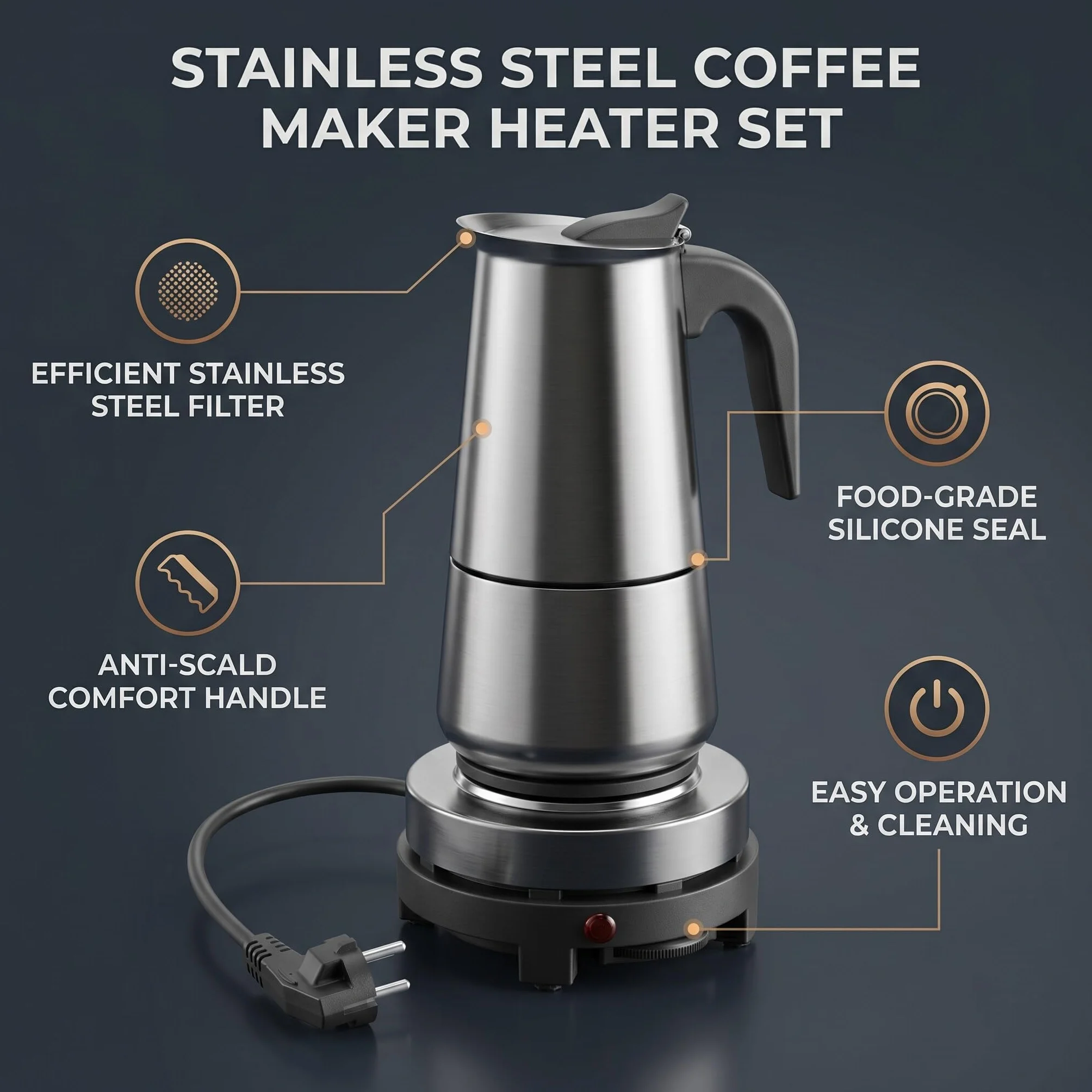 Ymiko Estufa de café eléctrica de acero inoxidable de 450 ml, juego de calentador para hacer tazas de café expreso, enchufe de la UE 220-240 V | Filtro uniforme para extracción rica y sabor óptimo, sello de silicona antifugas, compatible con gas y eléctri