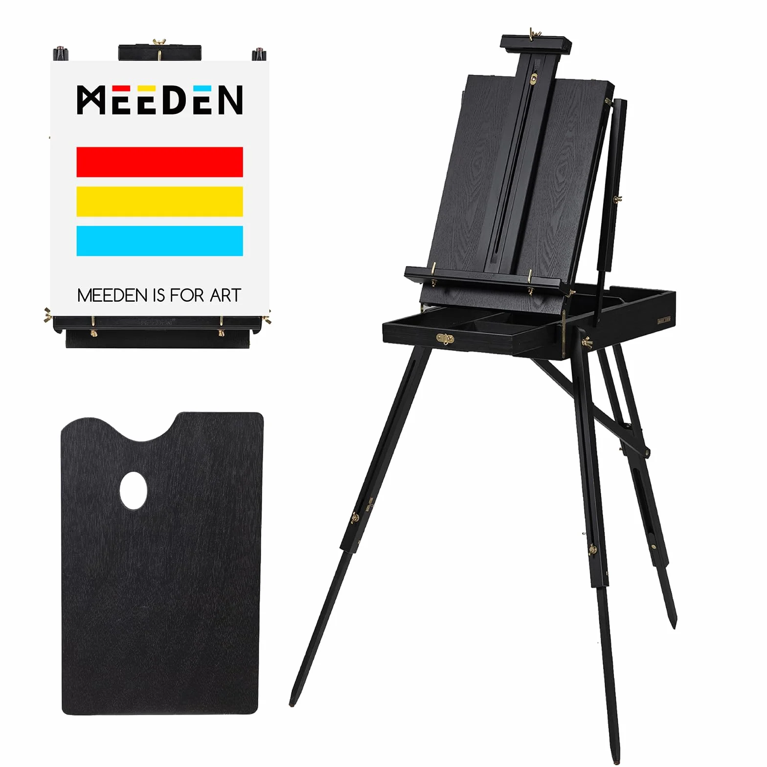 MEEDEN Caballete Francés para Pintura al Aire Libre: Negro, Pino, Estilo Francés, Easel de Trípode, Ajustable en Altura y Ángulo