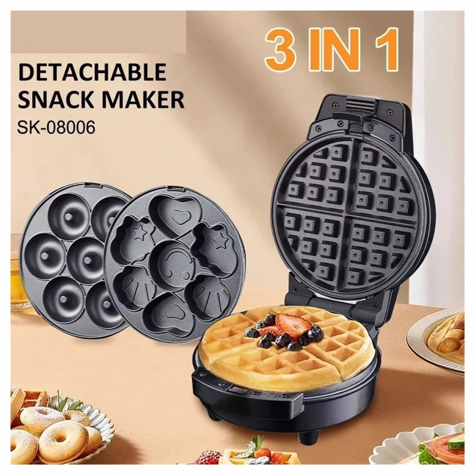 Máquina De Desayuno 3 En 1 For Hacer Donas, Plato For Pasteles Con Dibujos Animados Y Waflera Placas Antiadherentes Extraíbles Calentamiento Uniforme Y RáPido