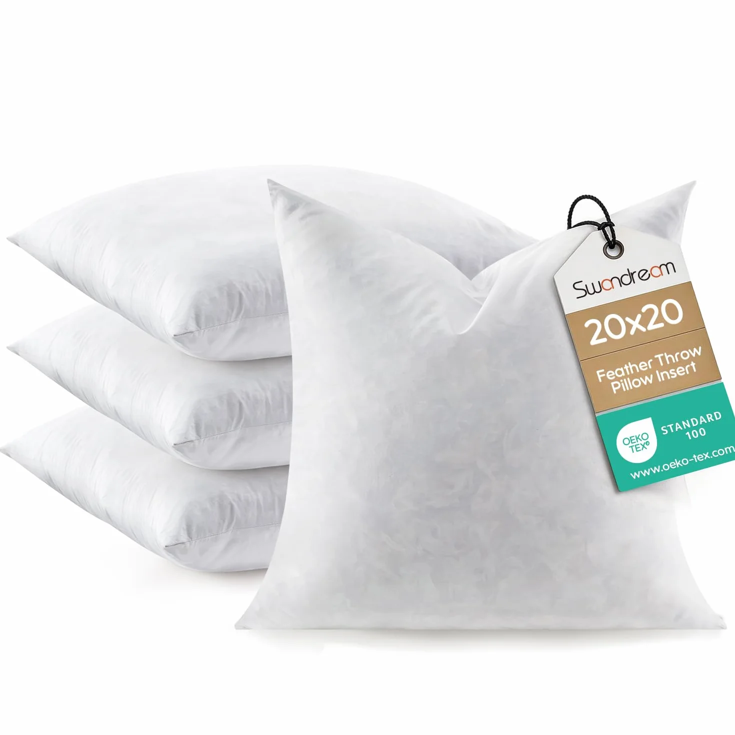 Juego de 4 rellenos de almohada de plumas, suaves y esponjosos, cuadrados, de 20 x 20 pulgadas, relleno de plumas y relleno de plumas