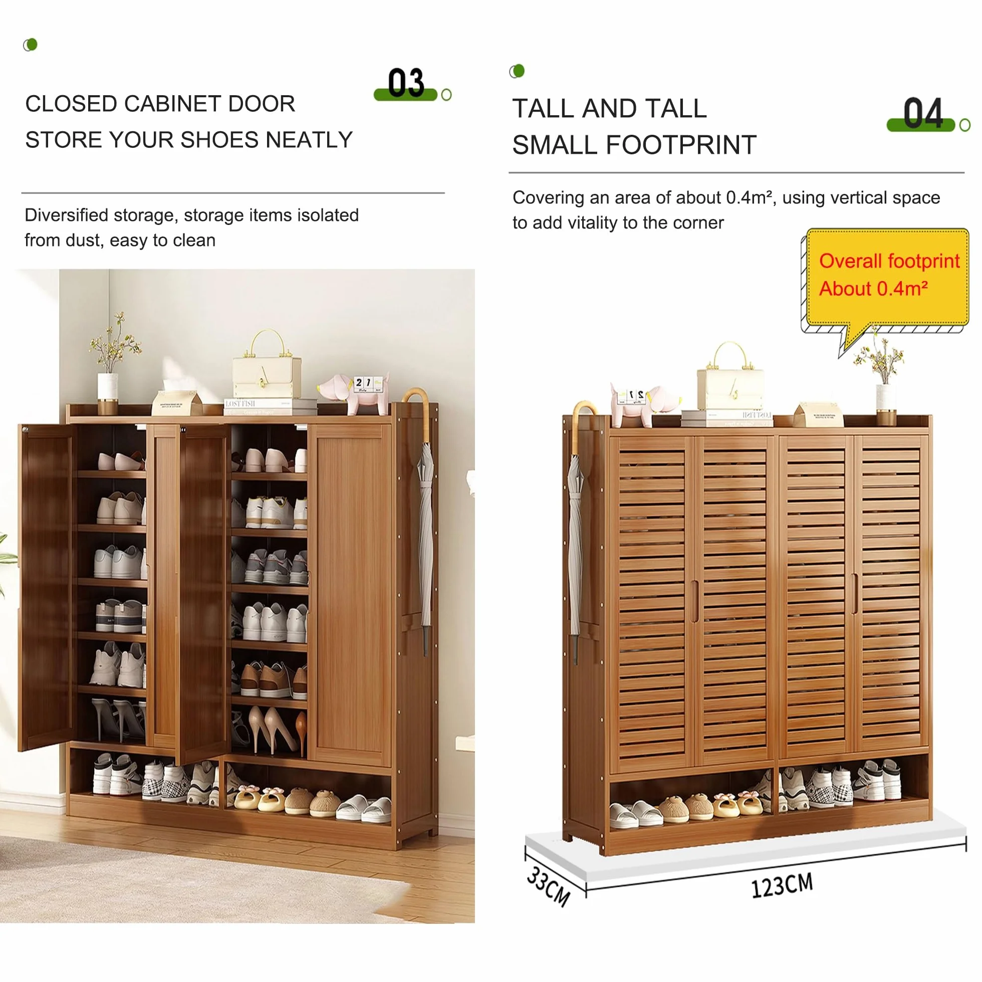 HASMI Gabinete de Zapatos de Bambú para Entrada con Puertas de Obturador, Estante de Zapato Independiente de Madera Gran Capacidad/a/95 * 33 * 115Cm
