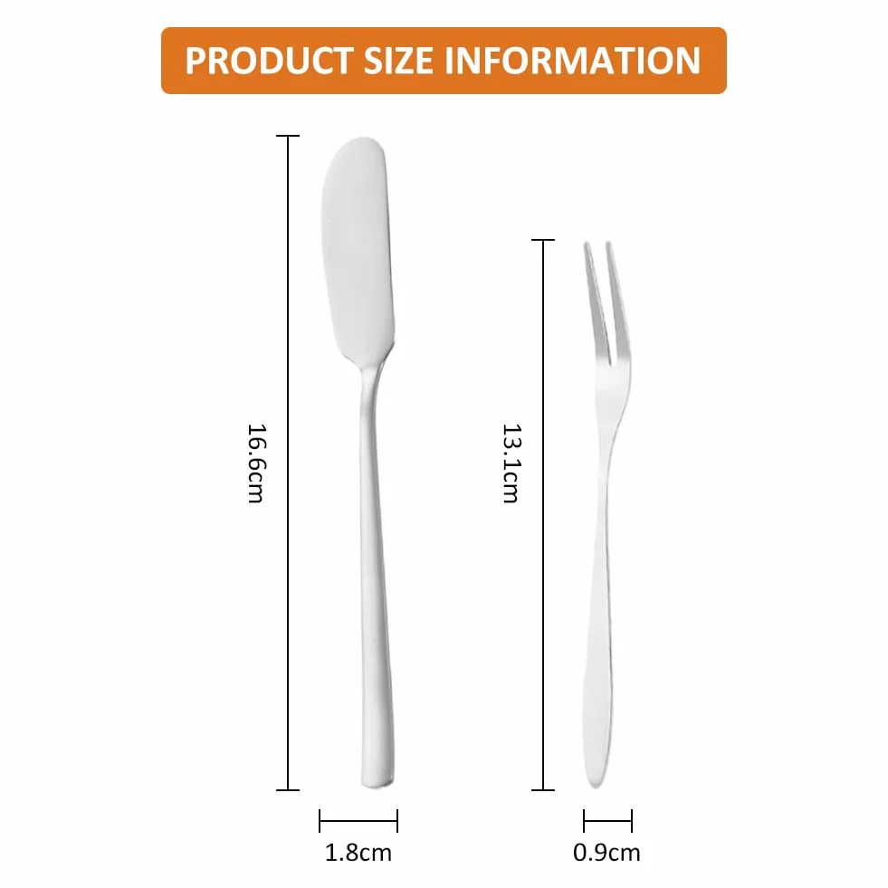 Juego de 6 cuchillos de mantequilla pequeños, de acero inoxidable, cuchillo de mantequilla, cuchillo de queso, cuchillo de postre, con tenedor de fruta, para queso, mantequilla fría, mermelada