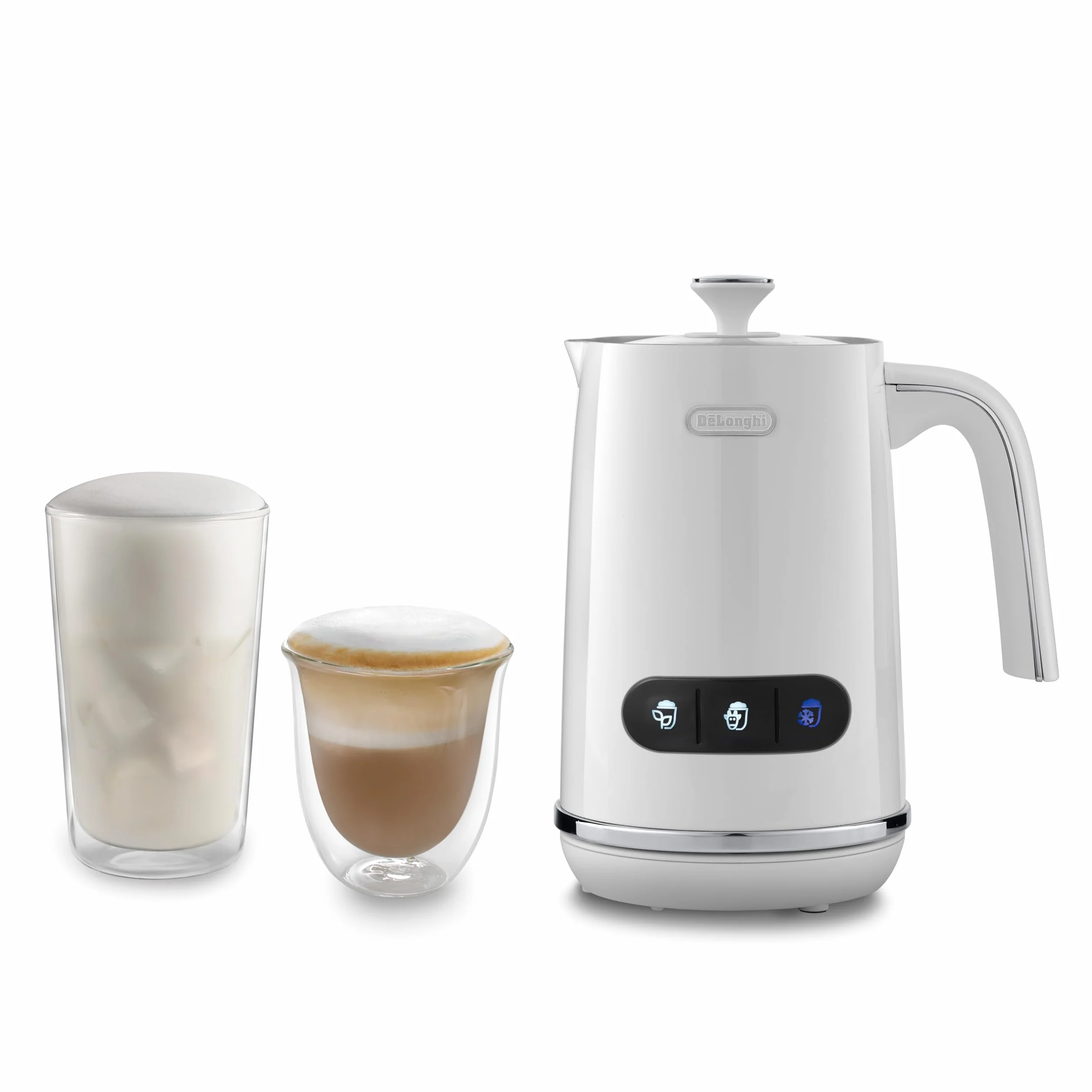De'Longhi LatteMix EMF3.W - Espumador de leche eléctrico para leche caliente y fría y alternativas vegetales, fácil limpieza, tapa transparente, 3 botones, 250 ml, blanco