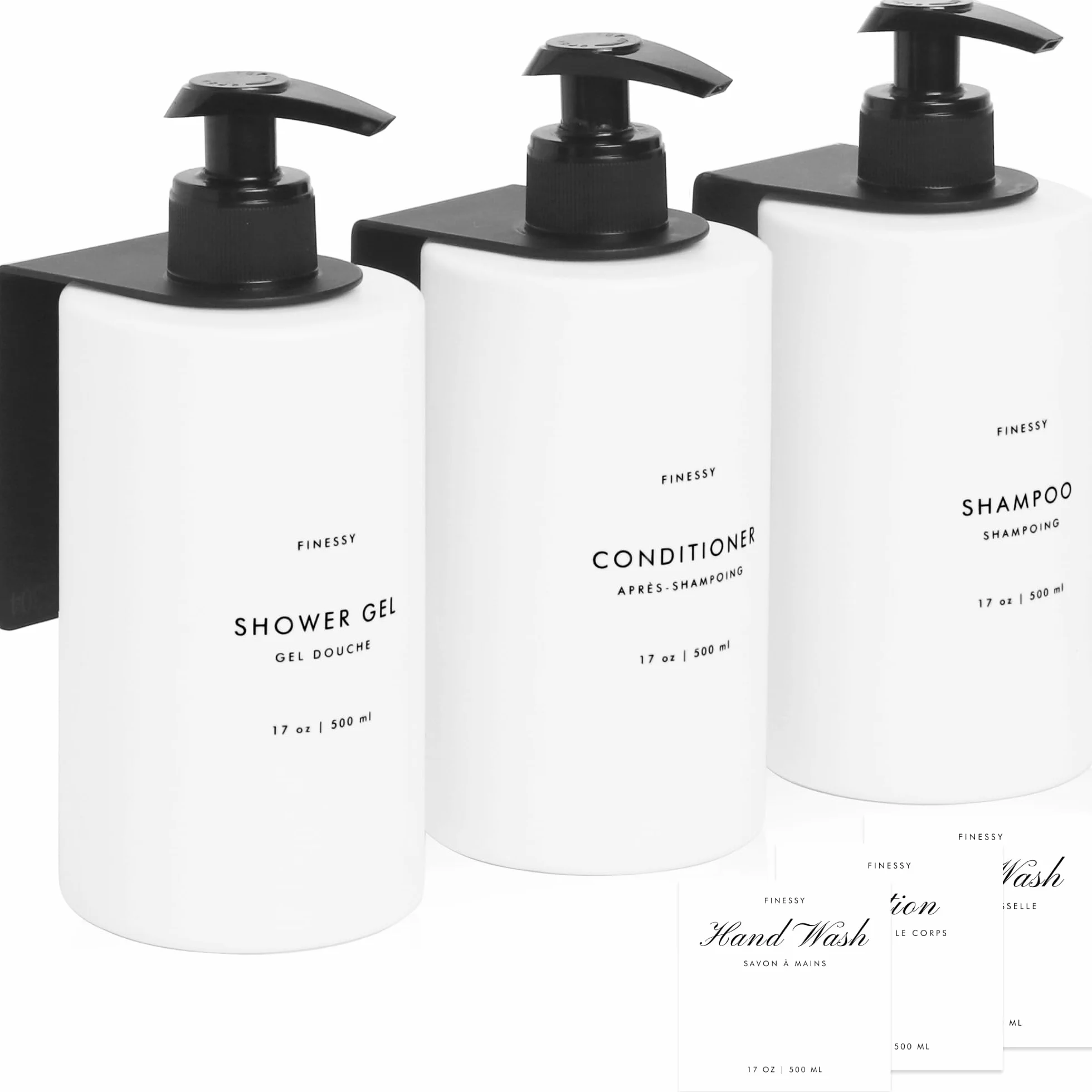 Dispensador de champú y acondicionador de montaje en pared sin taladro, para gel de ducha, jabón corporal, botella de jabón, botella blanca recargable de 3 cámaras, dispensador de champú de baño de