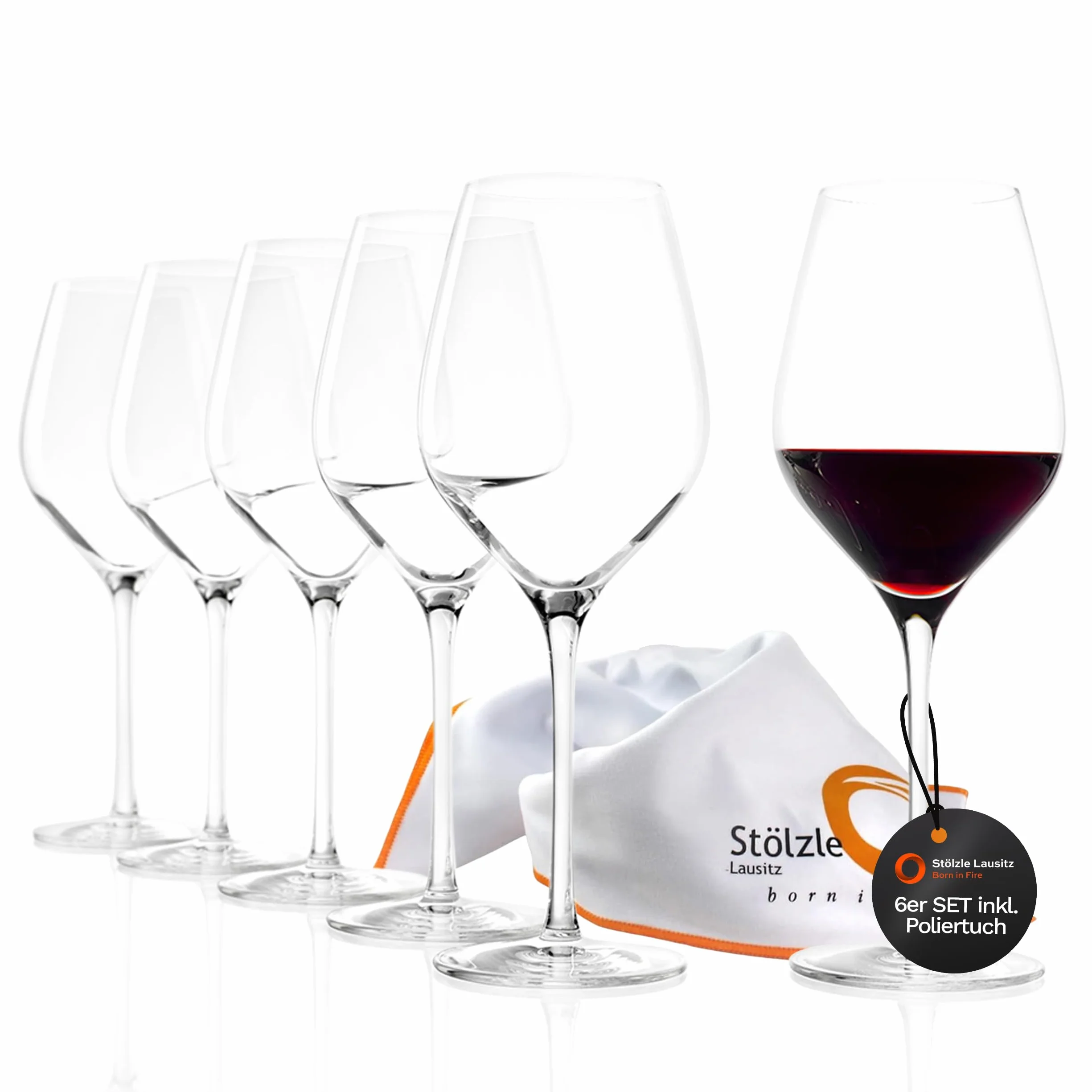 Stölzle Lausitz Exquisit Royal - Juego de 6 copas de vino tinto (480 ml, ideal para vino tinto), elegante copa de vino tinto de cristal para el máximo desarrollo del aroma, incluye paño de pulido