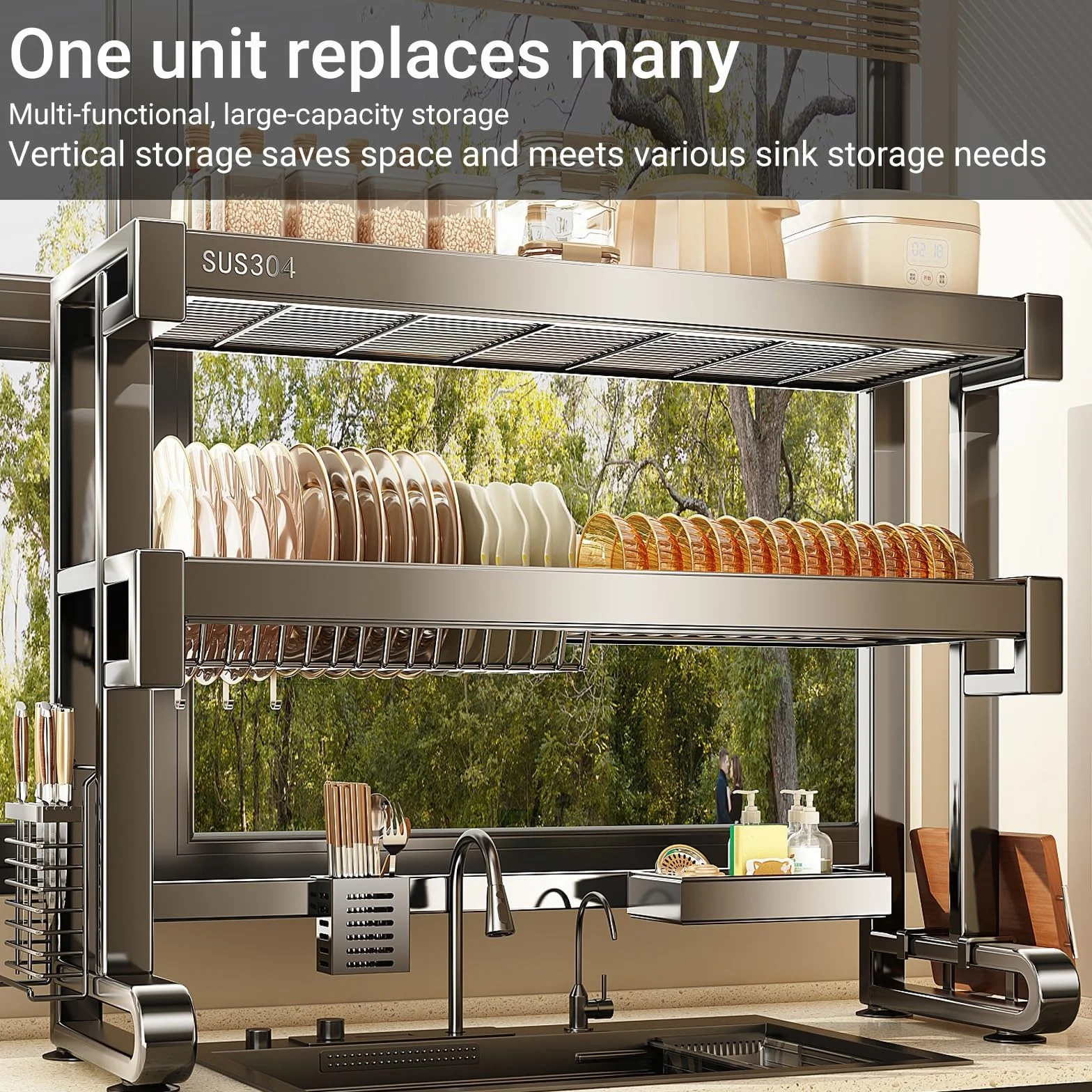 Escurreplatos sobre el Fregadero de Acero Inoxidable 304, Altura Ajustable, Ahorro de Espacio, Adecuado para el Fregadero de la Cocina, Ideal para secar Platos(Single Layer,76cm/29.9in)