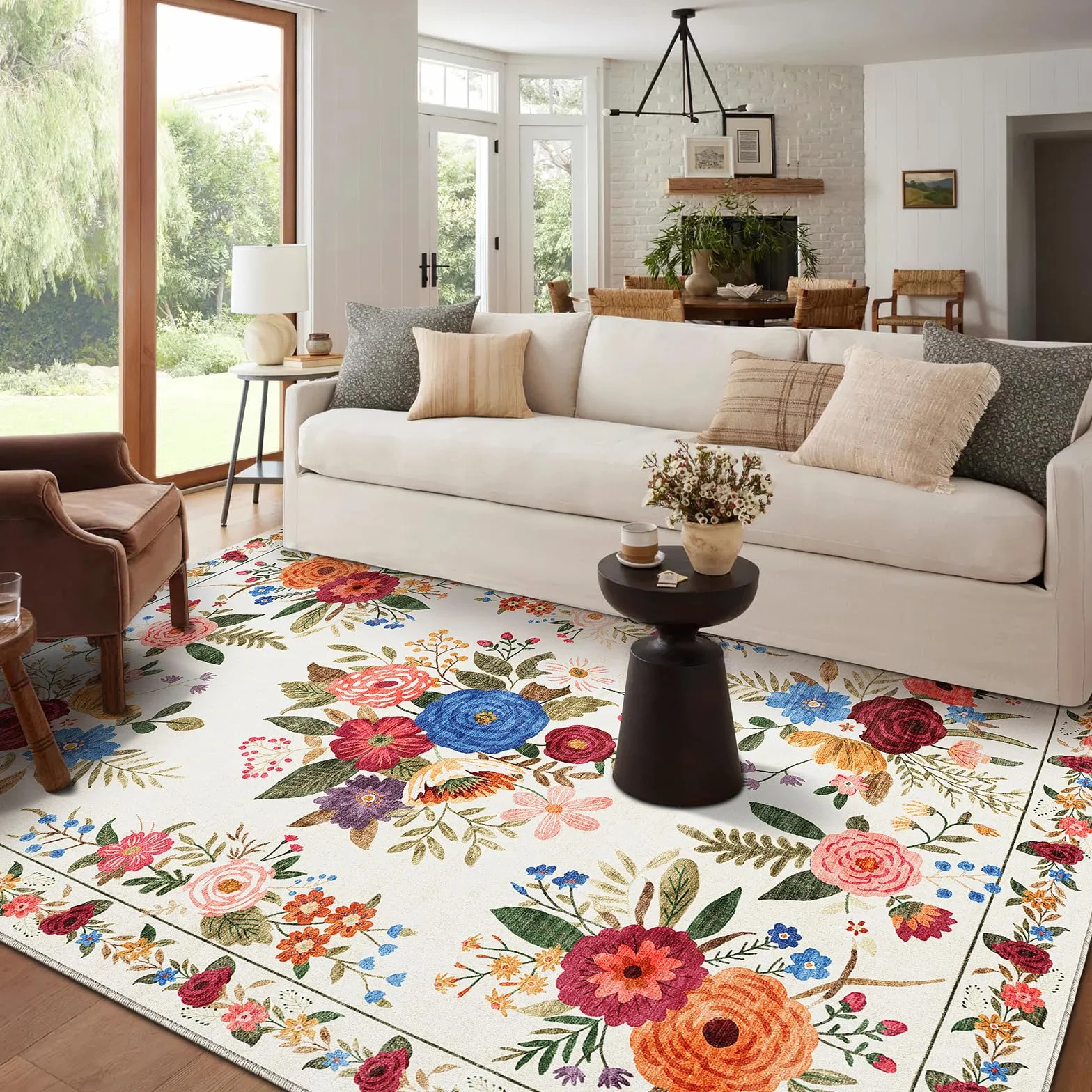 Alfombra Sala 120x180cm Vintage Flores, Lavable Antideslizante Boho Suave Pelo Corto, para Dormitorio/Infantil/Invitados/Comedor, Beige