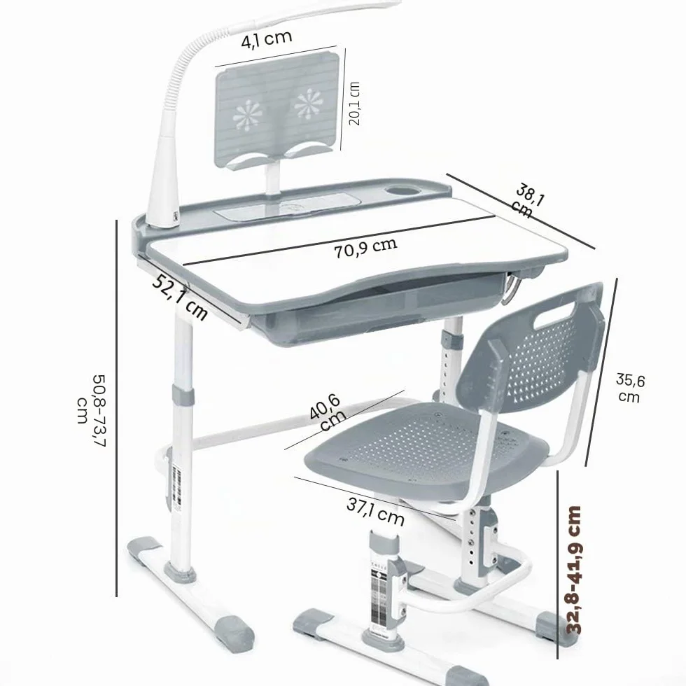 Yinleader Kids Juego de escritorio y silla ajustable con lámpara protección visual, soporte libros, escritorio basculante para escribir leer dibujar gris