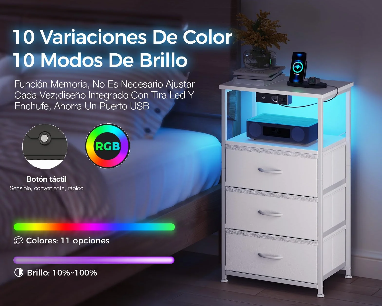 Coleshome Mesitas de Noche Blanco, con Enchufe, 2 Puertos USB y Tira de Luces LED, Mesita de Noche con 3 Cajones de Tela y 2 Espacio de Almacenamiento, 40 x 30 x 70 cm, 1 Paquete