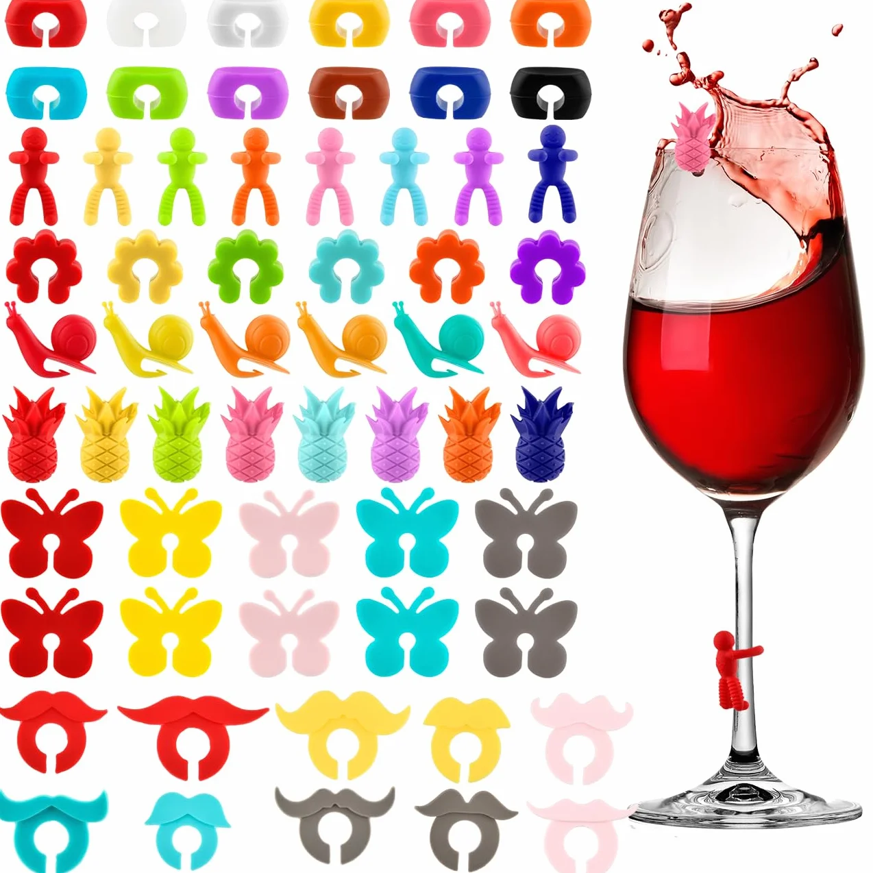 60 Piezas Marcadores de Copas de Vino, Silicona Identificadores y Adornos para Vasos, Reutilizable para Champán y Cóctel en Fiestas de Navidad