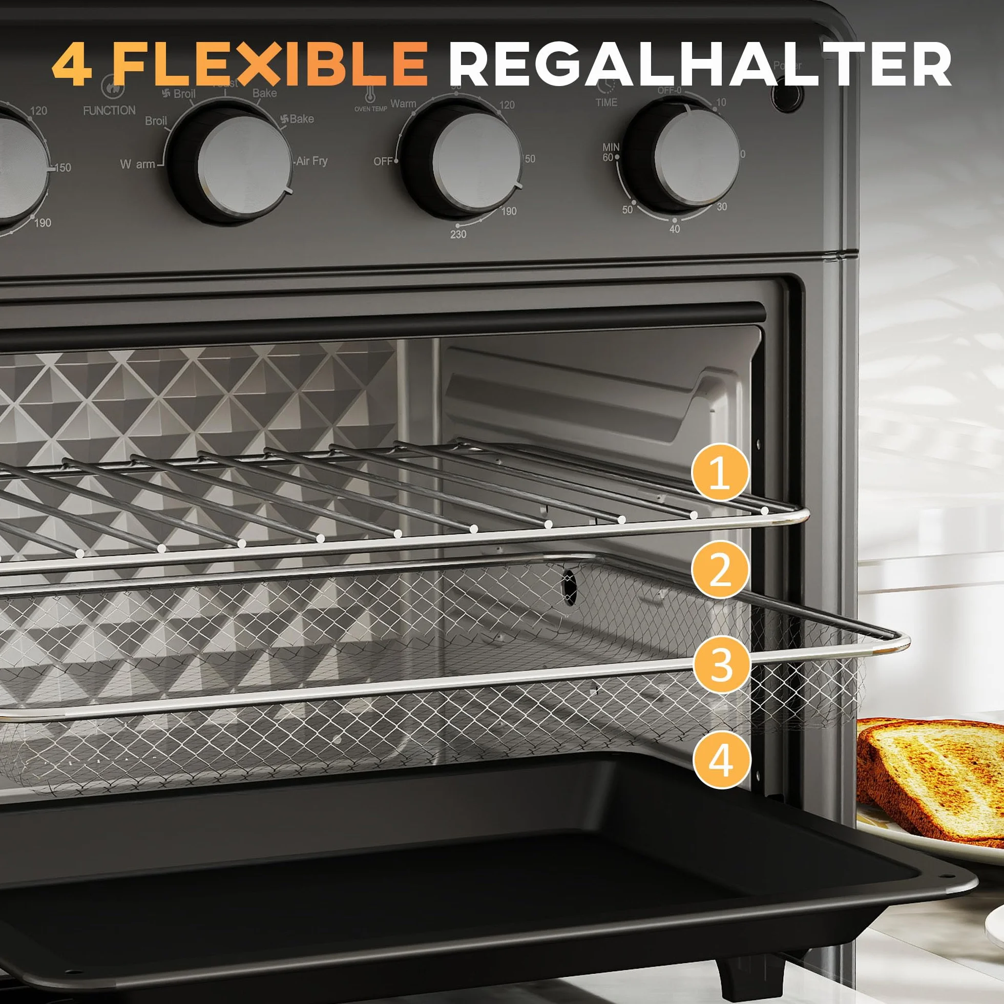 HOMCOM Horno Eléctrico Multifunción de Sobremesa Mini Horno Tostador de 30L 1600W Freidora de Aire con 7 Modos de Calor Temporizador y Temperatura Regulable 43x39x39 cm Negro