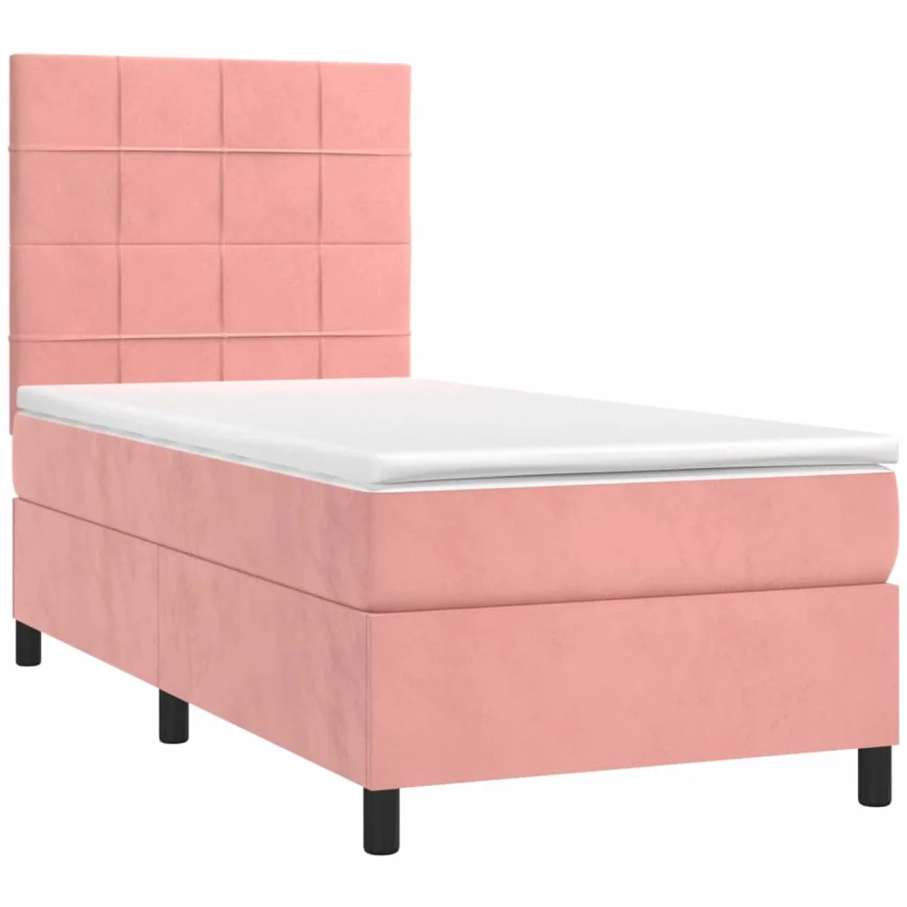 Cama con somier rosa de 90 x 190 cm con LED y colchón, funda de terciopelo de lujo, cabecero regulable en altura, ahorra espacio, cama individual para jóvenes y dormitorios de invitados
