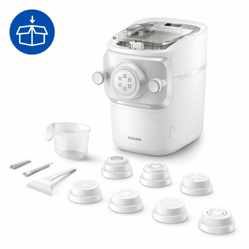 Philips 7000 Series Pasta Maker, ProExtrude Technology 150W, 8 discos, hasta 8 porciones, aplicación NutriU, blanco, (HR2660/03)