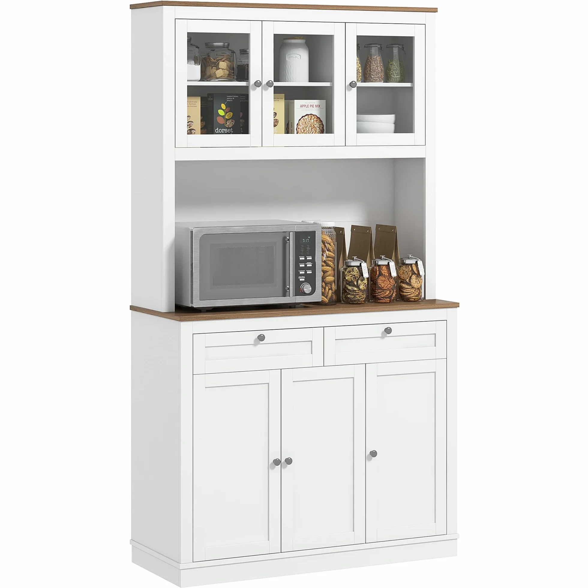 HOMCOM Alacena de Cocina, Mueble Auxiliar de Cocina, con 3 Puertas de Vidrio, Encimera Abierta para Microondas, 2 Cajones y Estantes Ajustables, 100x40x180 cm, Blanco