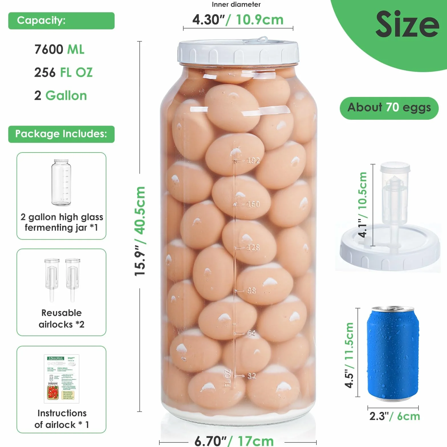 Qianfenie Tarro de vidrio de 2 galones con tapa hermética, suministros para hacer vino de boca ancha con 2 cierres de aire (7600 ml), tarro de fermentación de galón con marcas de escala transparentes