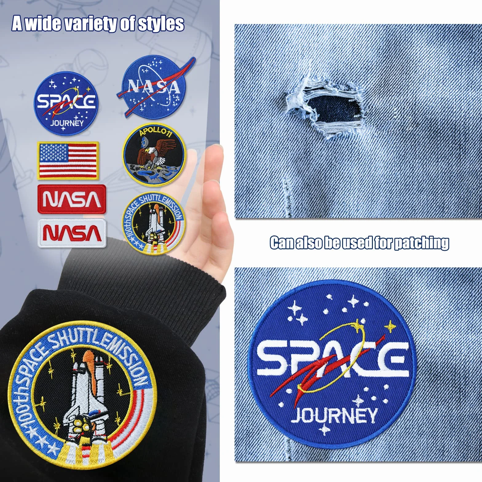 7 parches de la NASA, parches para planchar, insignia espacial para coser en transbordador espacial y parches de bandera de Estados Unidos para chaquetas, mochilas, gorras, bolsos, ropa