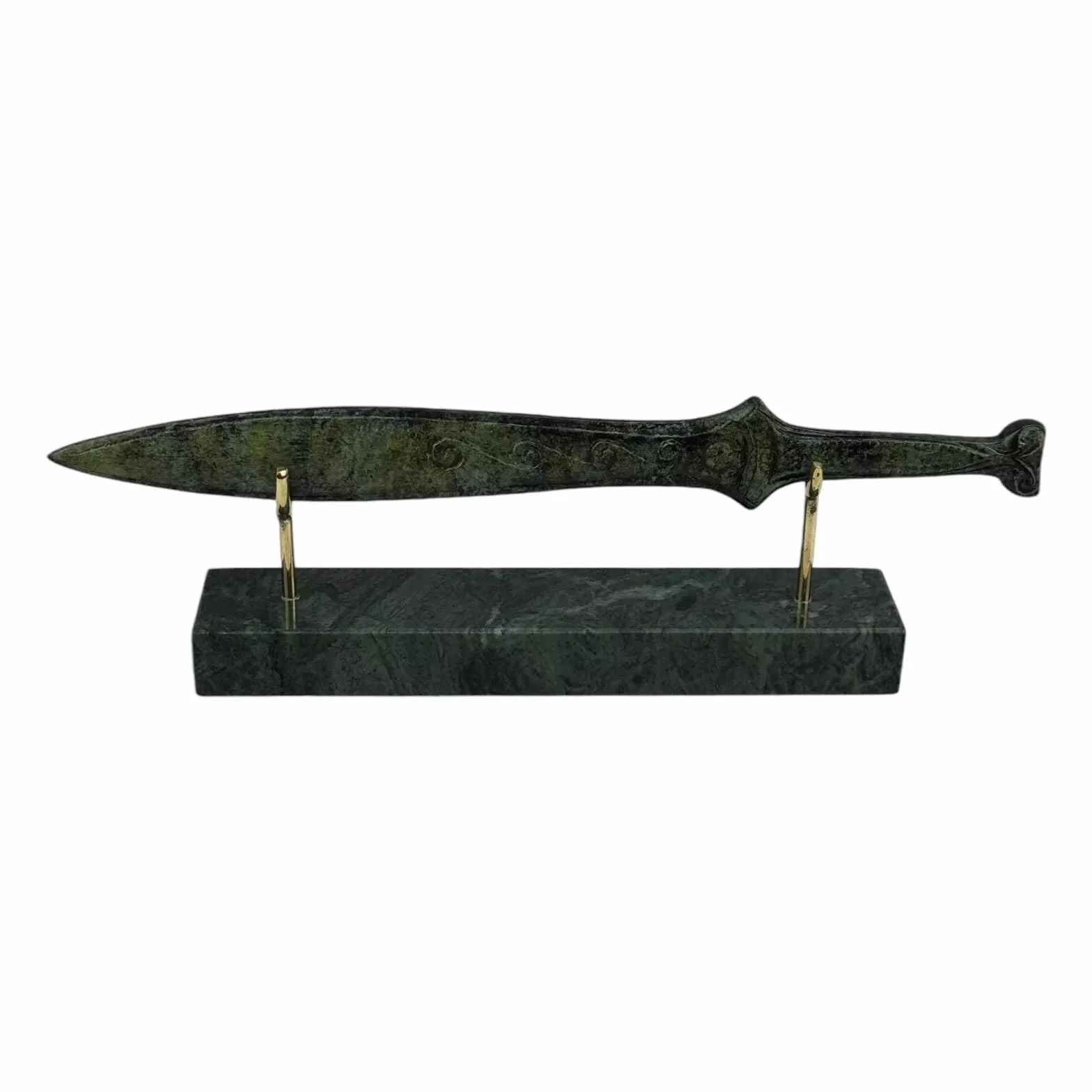 Pequeña espada espartana antigua griega de bronce de metal en oxidación verde