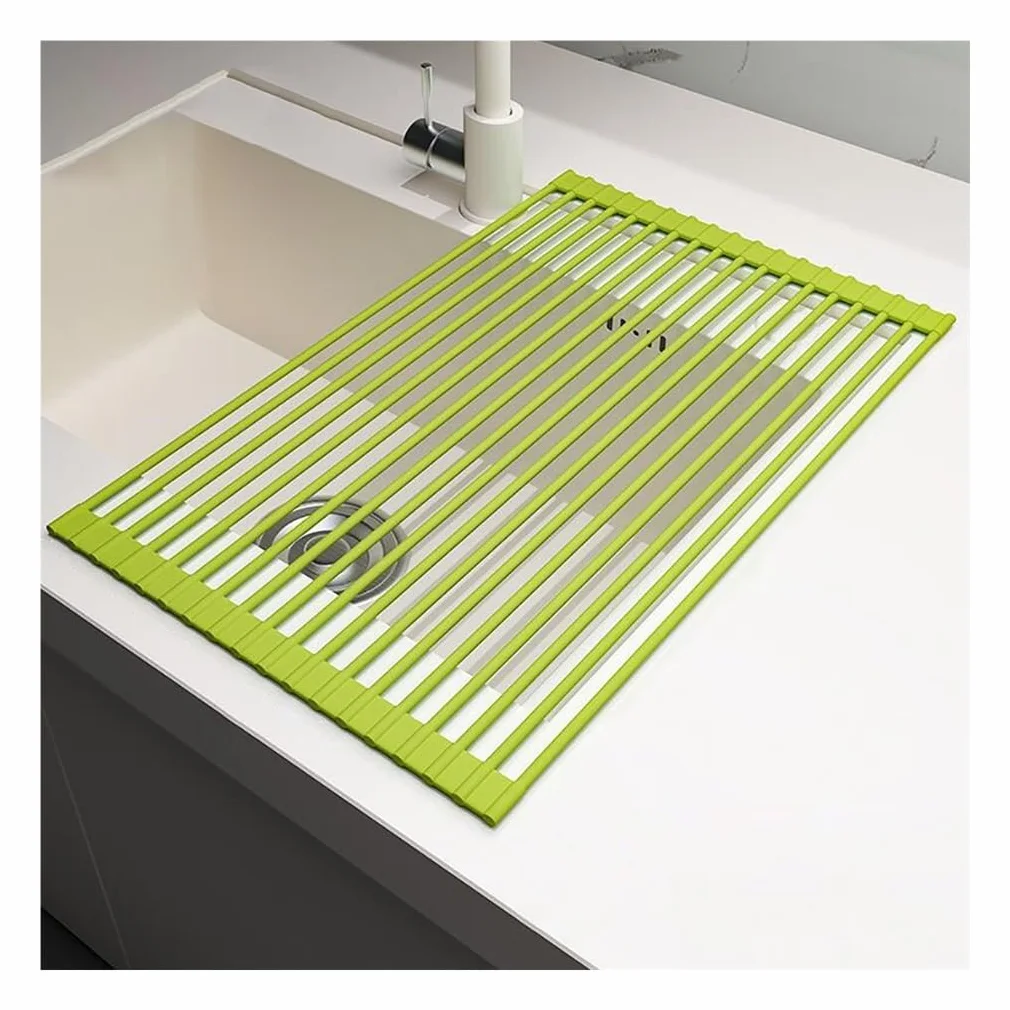 Escurridor de platos enrollable sobre el fregadero de 33, 43 y 52 cm, plegable, envuelto en silicona, antideslizante y resistente al calor. Escurridor de platos multiusos para encimera de cocina.