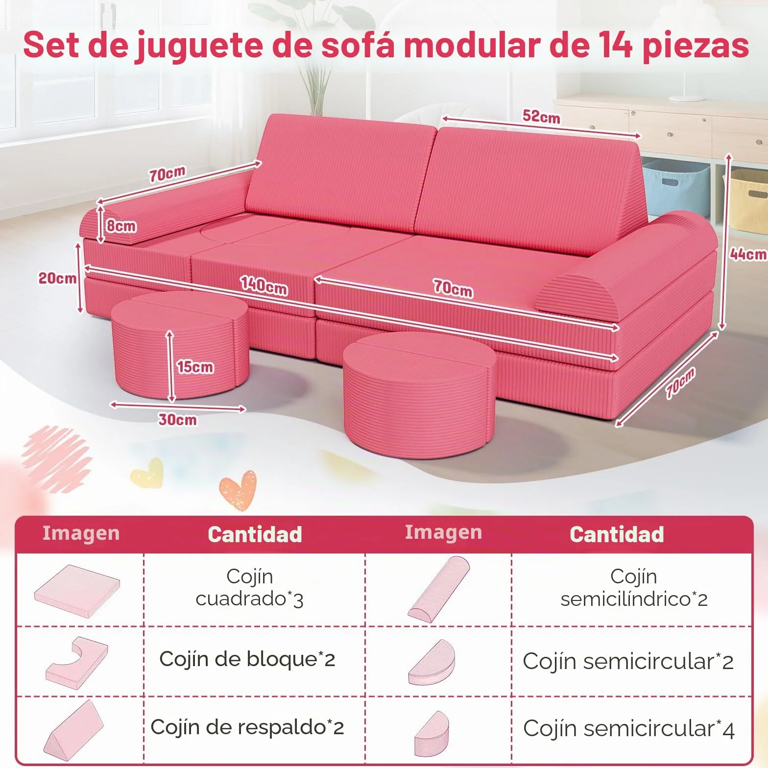 MAMIZO Sofá para Niños, 15 Piezas Sofá Modular para Niños, Sofá Infantil Convertible, Sofá de Juegos para niños para Sala de Juegos, Posibilidades de Juego Infinitas, Hecho de Pana (Rosa)