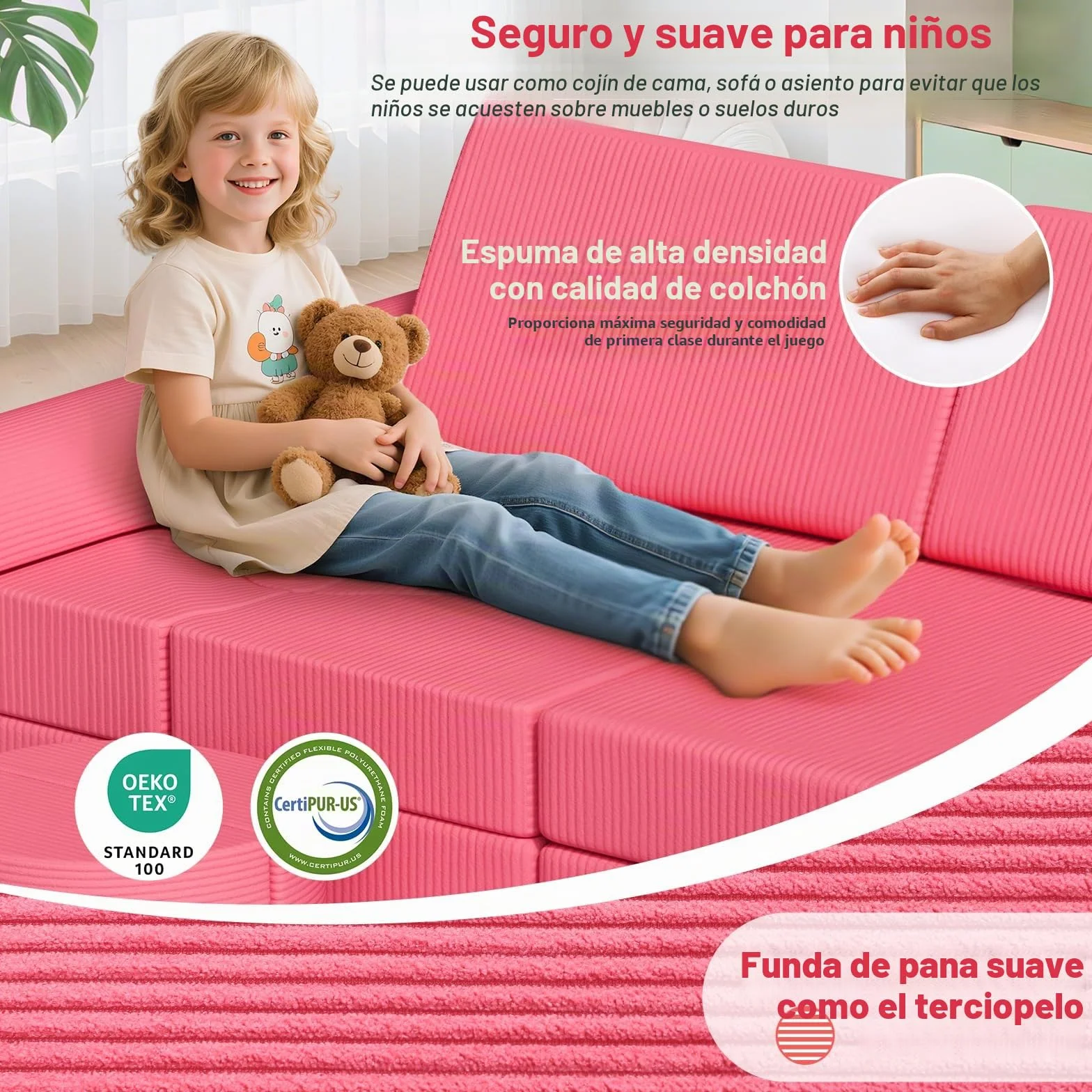 MAMIZO Sofá para Niños, 15 Piezas Sofá Modular para Niños, Sofá Infantil Convertible, Sofá de Juegos para niños para Sala de Juegos, Posibilidades de Juego Infinitas, Hecho de Pana (Rosa)