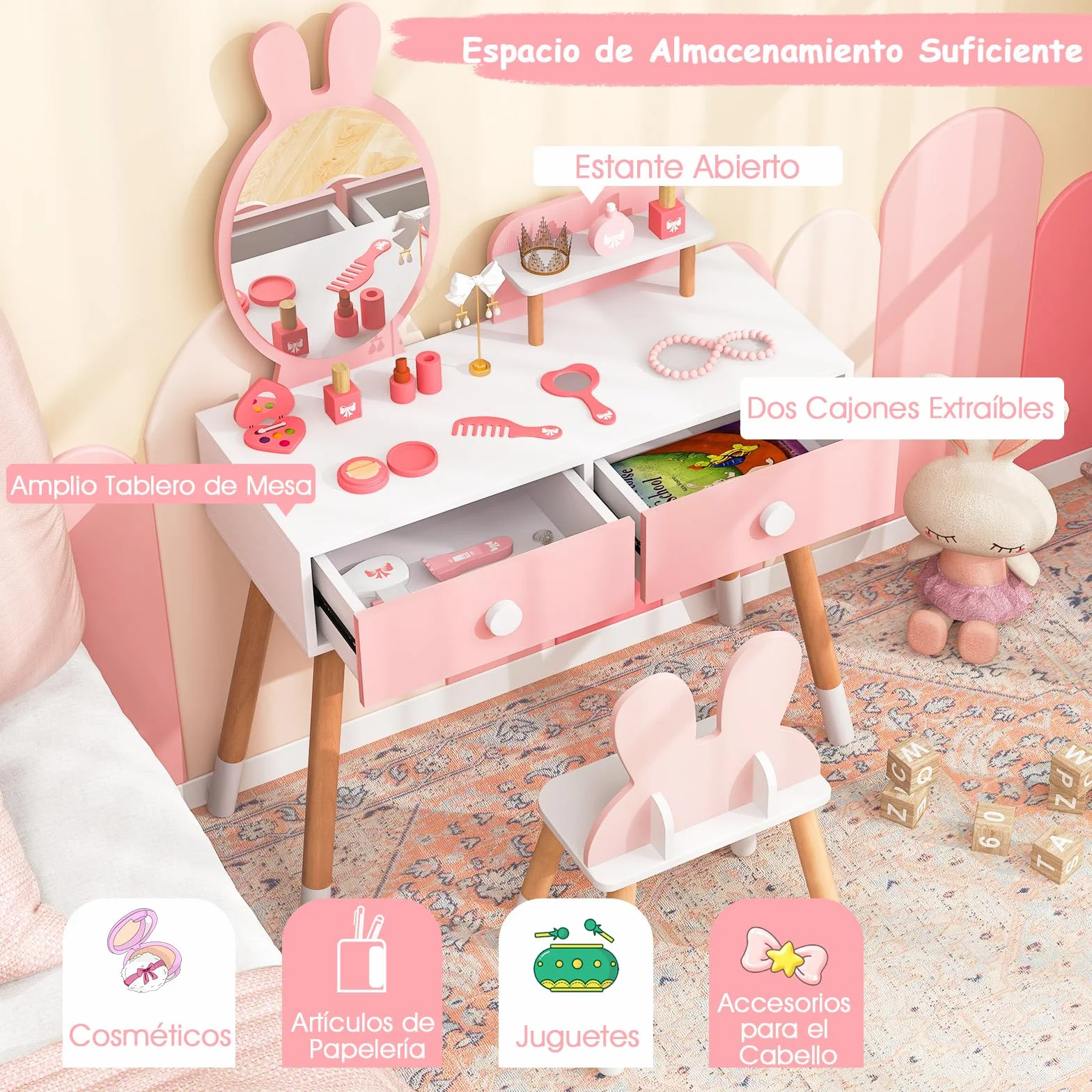 COSTWAY Tocador de Maquillaje Princesa Niña, Juego Mesa y Silla, Escritorio Espejo 2 en 1, 2 Cajones Estante, Patas Madera Maciza Rosa