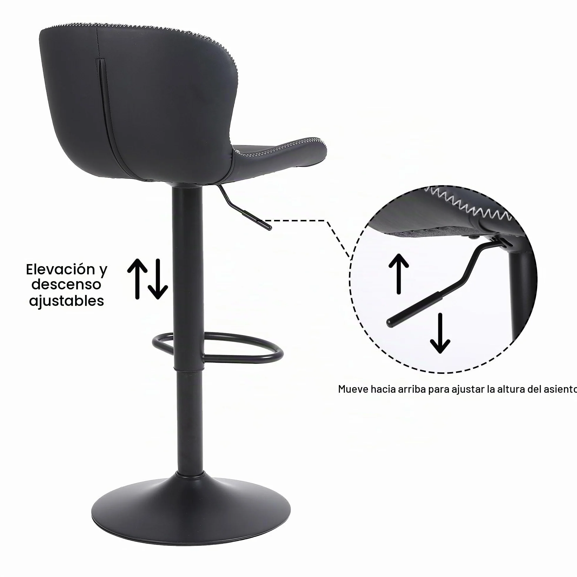 Youhauchair Taburetes Altos de Cocina Juego de 2, Taburete de Bar Regulable en Altura en Cuero PU, Taburete Alto con Respaldo y Reposapiés, Taburete Cocina Giratorio, Moderno, Negro