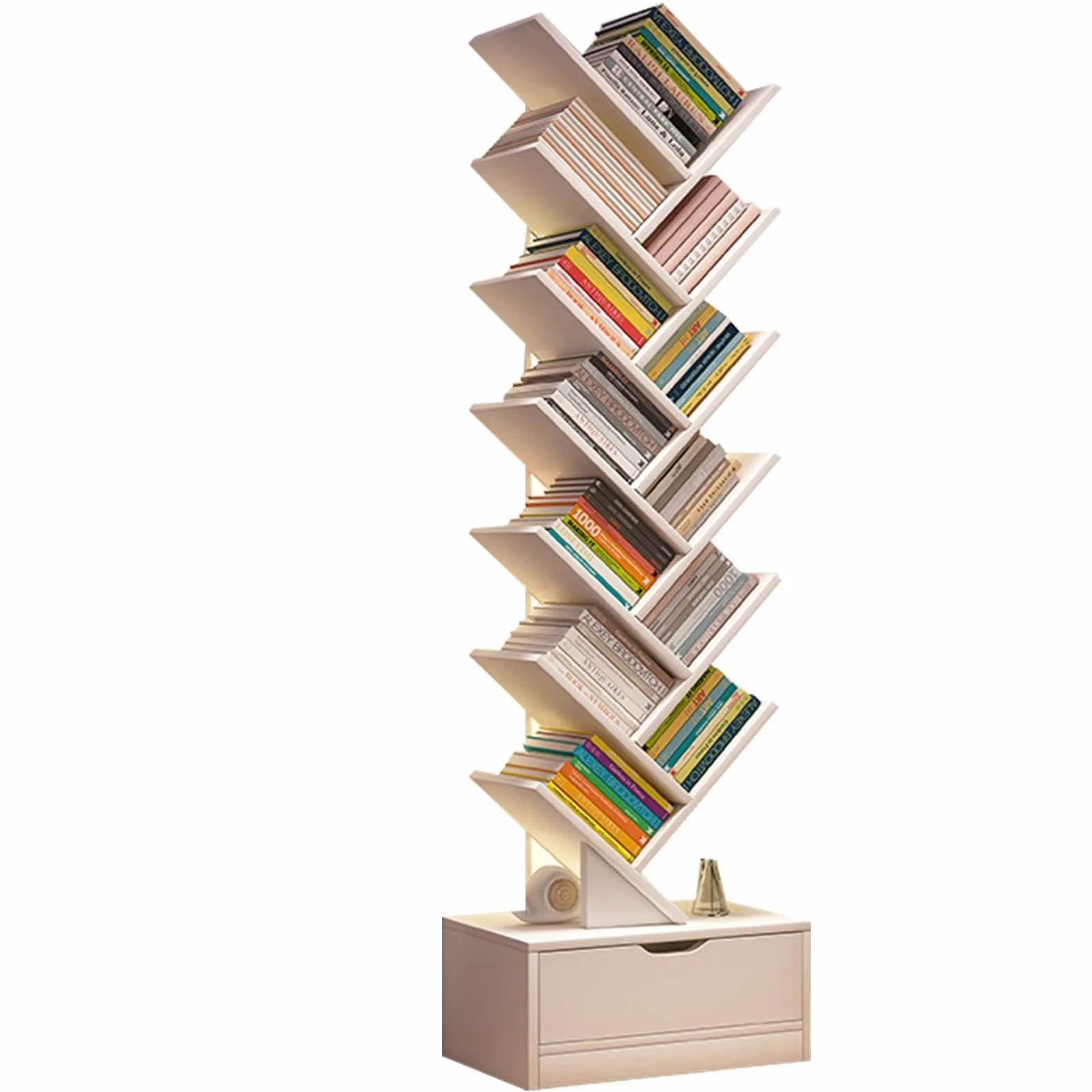 Estantería de Suelo Creative Tree Estantería de exposición para Libros para Adultos y niños Almacenamiento de Varias Capas Diseño de casillero Inferior para una Gran Variedad de artículos(Blanco)