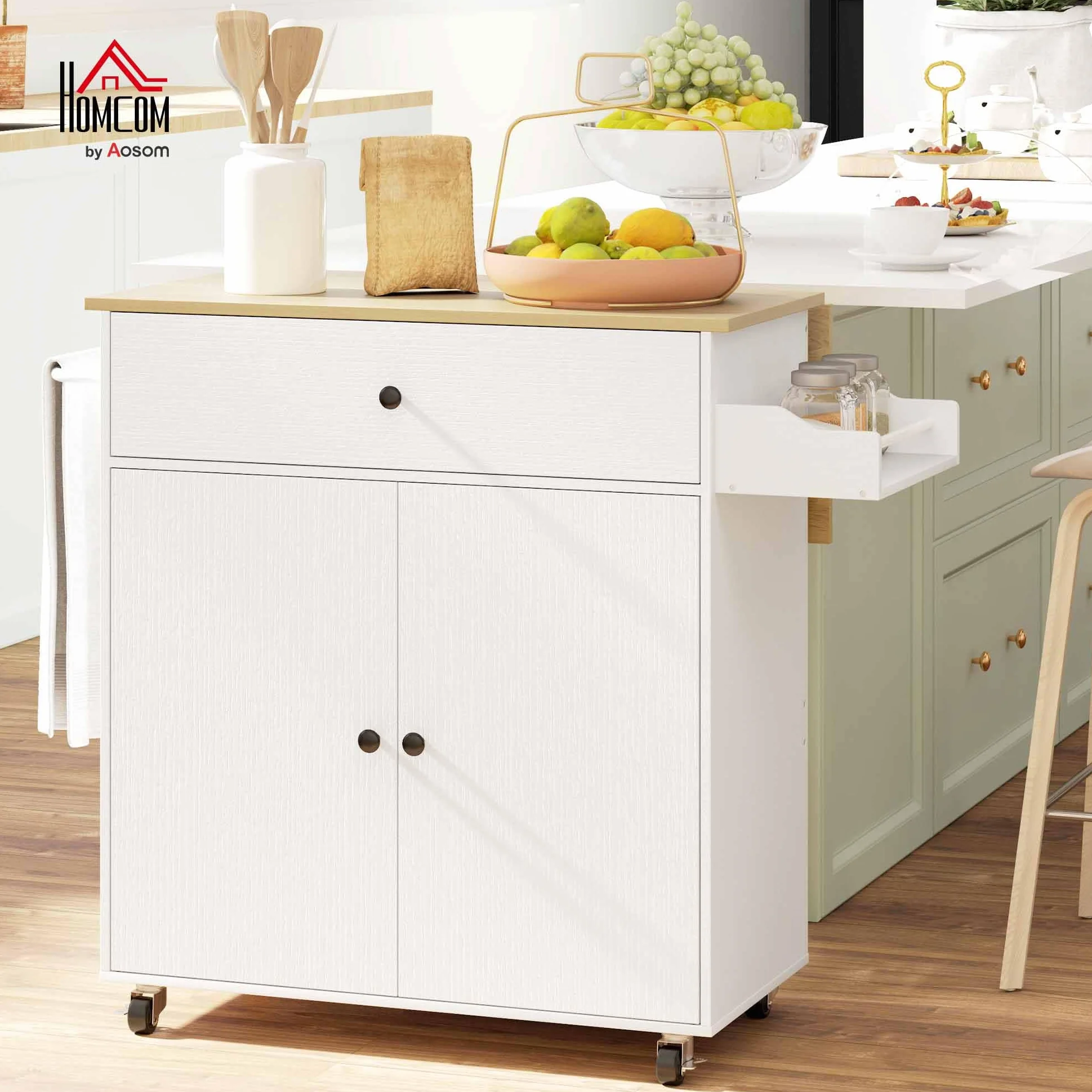 HOMCOM Isla de Cocina con ala Abatible Carrito de Cocina Mueble Auxiliar de Cocina con Ruedas 2 Puertas Cajón Especiero Toallero y Estante Ajustable 106x42x87 cm Blanco y Roble